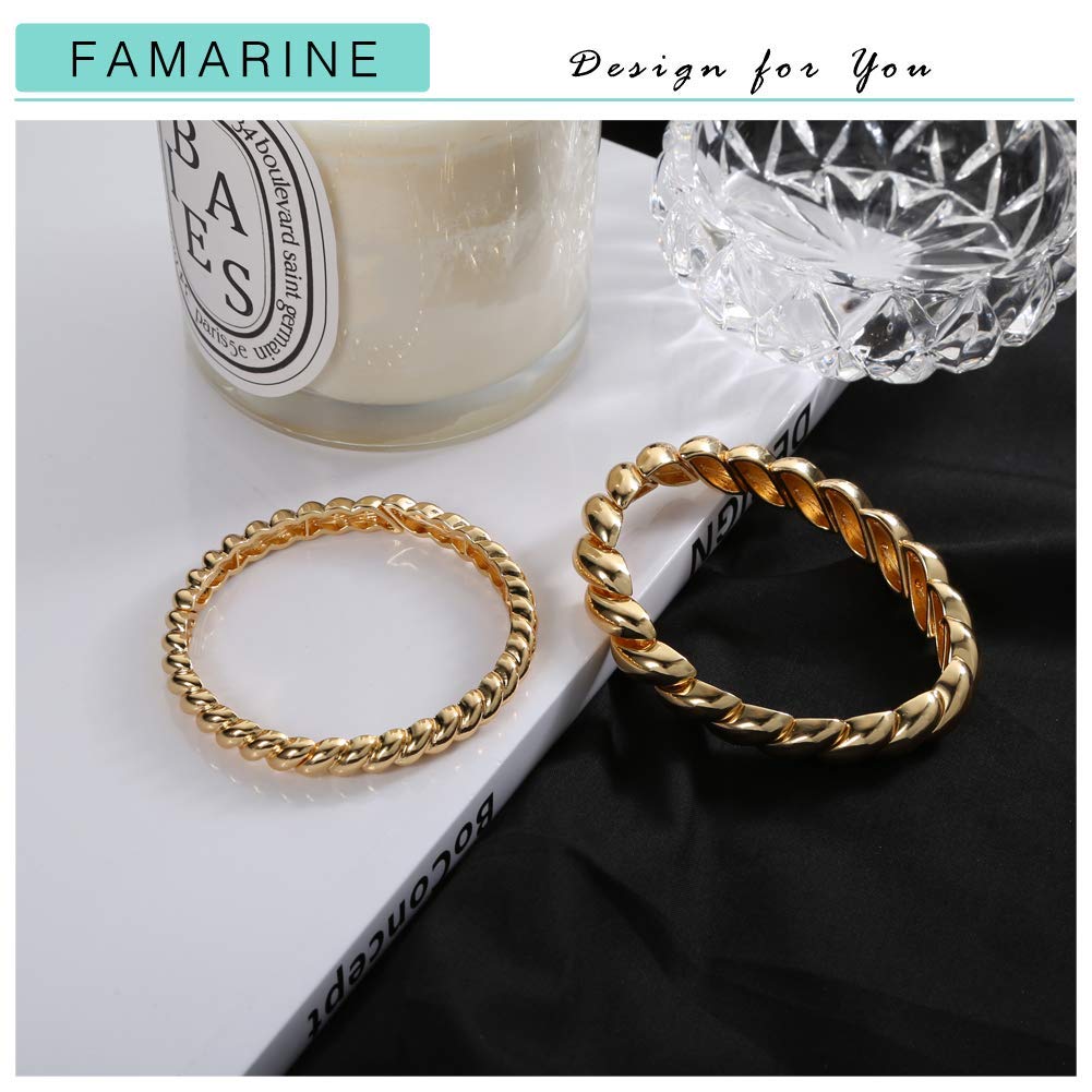 14K Gold Plated Twisted Thin & Chunky Bangle Bracelet Set - Stretchable Elastic Couple Love Bracelets for Anniversary, Wedding, Valentine's Day Gift (Him & Her)
