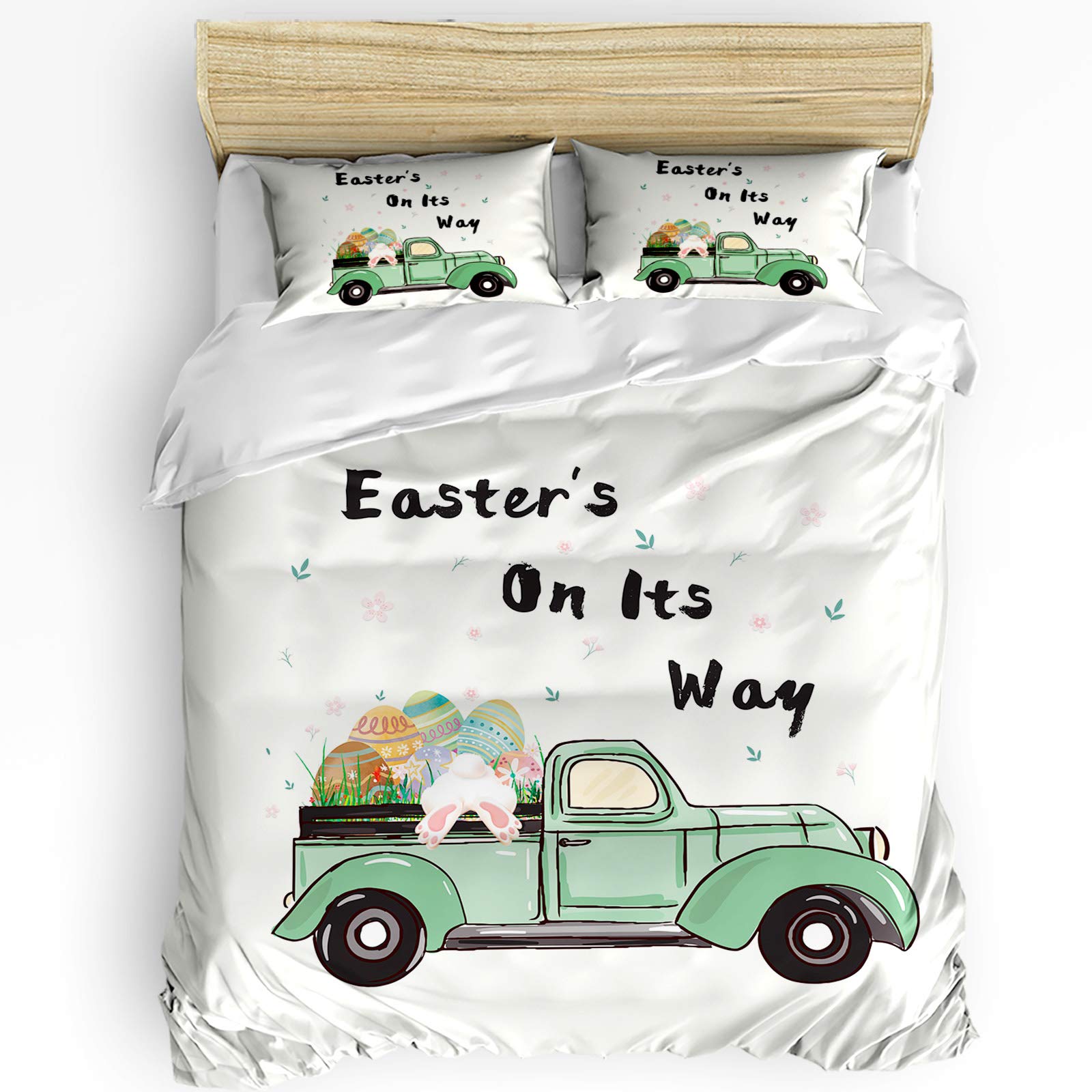 California King 3-Piece Duvet Cover Set - Easter Green Truck Bunny Print with 1 Bedspread & 2 Pillowcases, Farmhouse Colorful Eggs Design - Lightweight Comforter Cover for Kids, Children & Adults - Perfect for Spring Bedroom Decor, Easter Gift & Farmhouse Style Home Decor