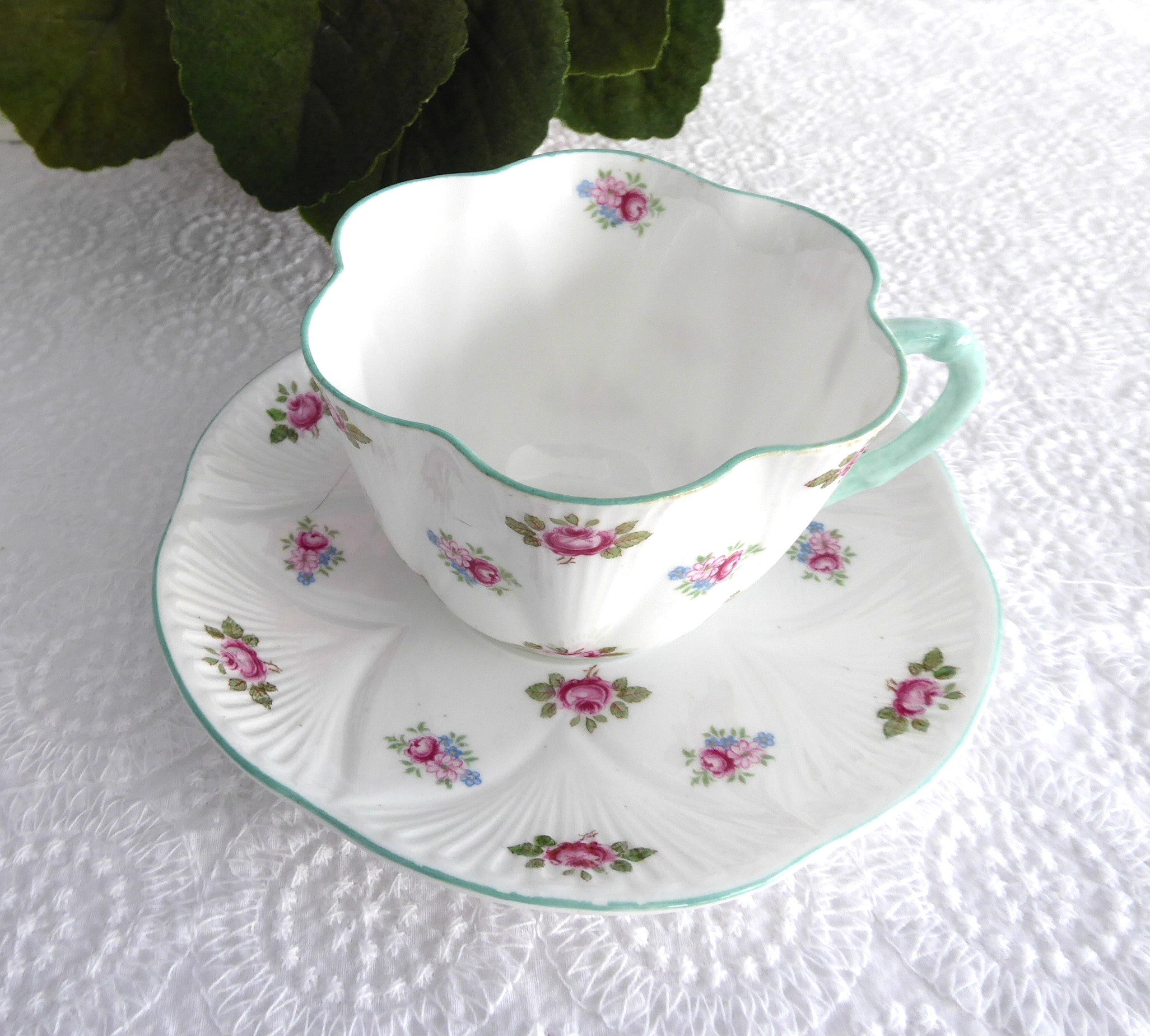 Elegant Shelley Teacup and Saucer Set - Vintage Rosebud Design with Blue Trim, Fine Bone China - Perfect for Afternoon Tea, Bridal Showers & English Tea Parties