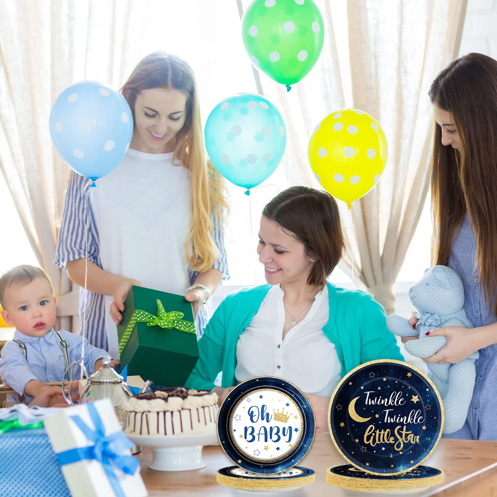 Wiooffen 96-Piece Twinkle Twinkle Little Star Party Gender Reveal Supplies Set - Includes Plates, Napkins & Forks for 24 Guests - Perfect for Baby Showers, Gender Reveal Parties & Celebrations (Pink/Blue Theme)