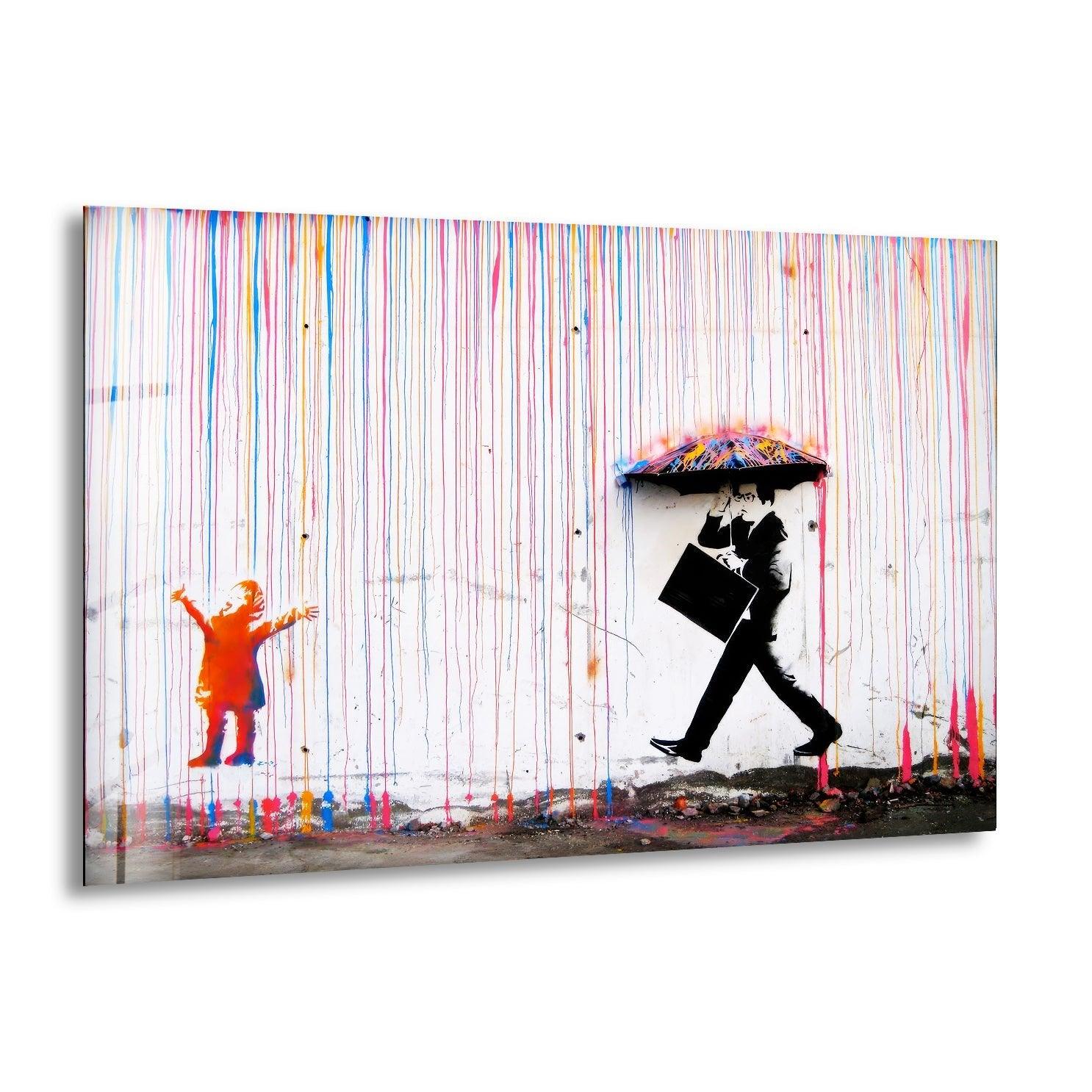 Banksy Umbrella Man Rainbow Rain Glass Wall Art - Colorful Home Decor for Living Room, Bedroom & Office - Unique Gift Idea for Art Lovers