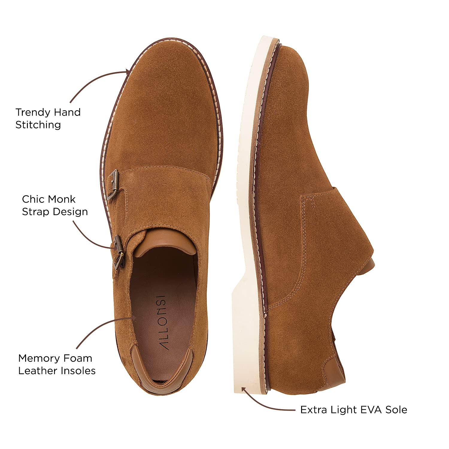 Genuine Leather Suede Dress Shoes for Men - Luxury Handcrafted Monk Strap Casual Shoes with Lightweight EVA Sole & Plain Toe - Perfect for Office, Wedding & Formal Events