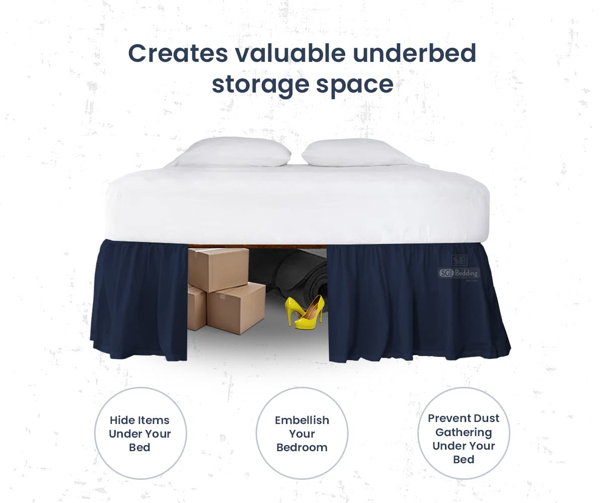 SGI Bedding 21 Inch Ruffled Bed Skirt - Soft Microfiber Dust Ruffle with Extra Storage Space - Fade & Wrinkle Resistant, Anti-Static - King Size Navy Blue - Perfect for Master Bedroom, Guest Room & Dorm Decor