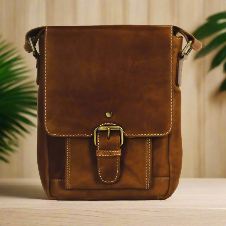 Durable Genuine Leather Crossbody Bag with Front Flap & Adjustable Buckle - Perfect for Travel, Work & Everyday Use