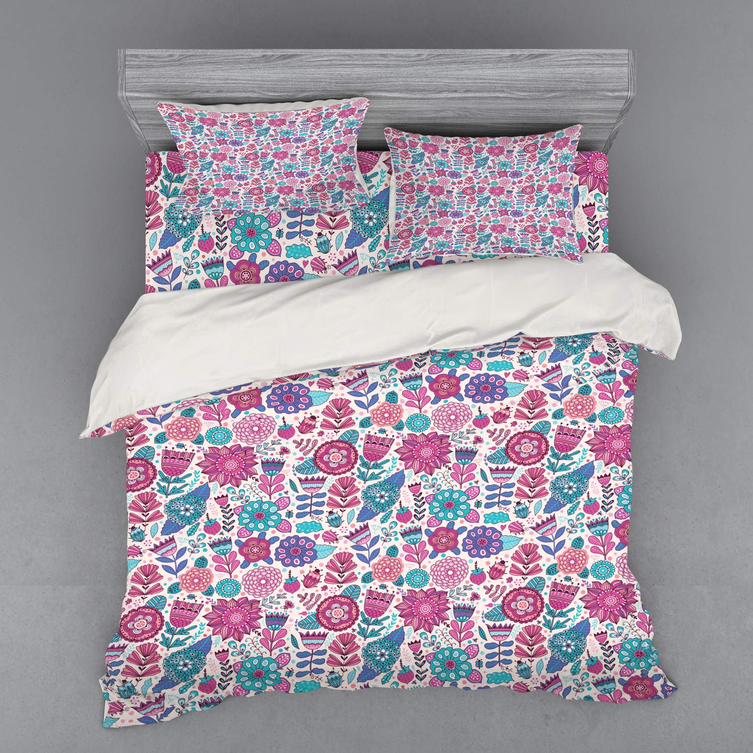 Ambesonne Garden Bedding Set - 4 Piece Duvet Cover with Shams & Fitted Sheet, King Size, Violet Blue Sky Blue | Botanical Print with Peonies, Tulips, Berries & Bugs | Perfect for Spring Bedroom Decor, Guest Room Makeover & Cozy Farmhouse Style