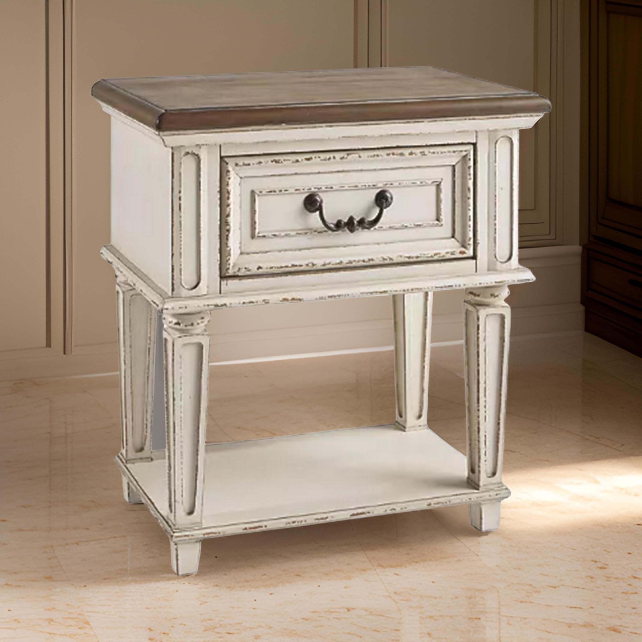 Benjara 1 Drawer Wooden Nightstand with Tapered Legs - Brown and White Modern Bedside Table for Bedroom, Living Room & Office