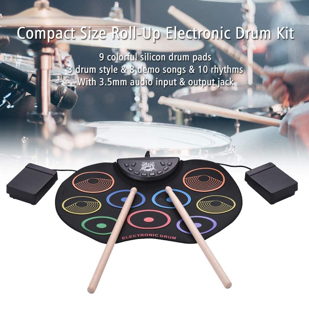 Electronic Roll Up Drum Kit with 9 Drum Pads, Foot Pedal & Drumsticks - Portable Tabletop Electric Drum Set for Practice & Performance | Perfect for Home, Studio & Live Gigs