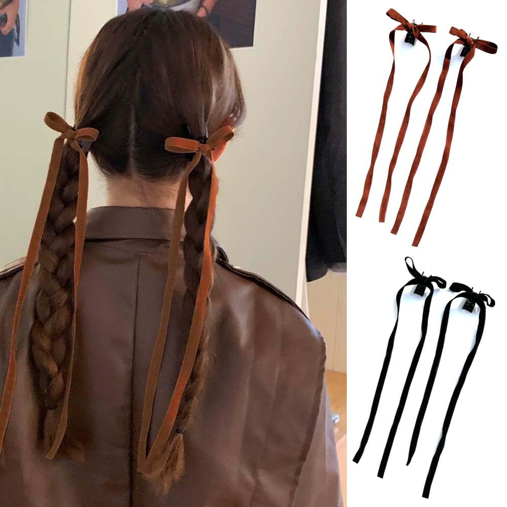 Elegant Hair Clips Set - 2 Pairs Velvet Ribbon Bows with Long Tails for Women, Girls & Teens | Black & Khaki Claw Clips for Thick or Thin Hair | Perfect for Parties, Weddings & Everyday Styling