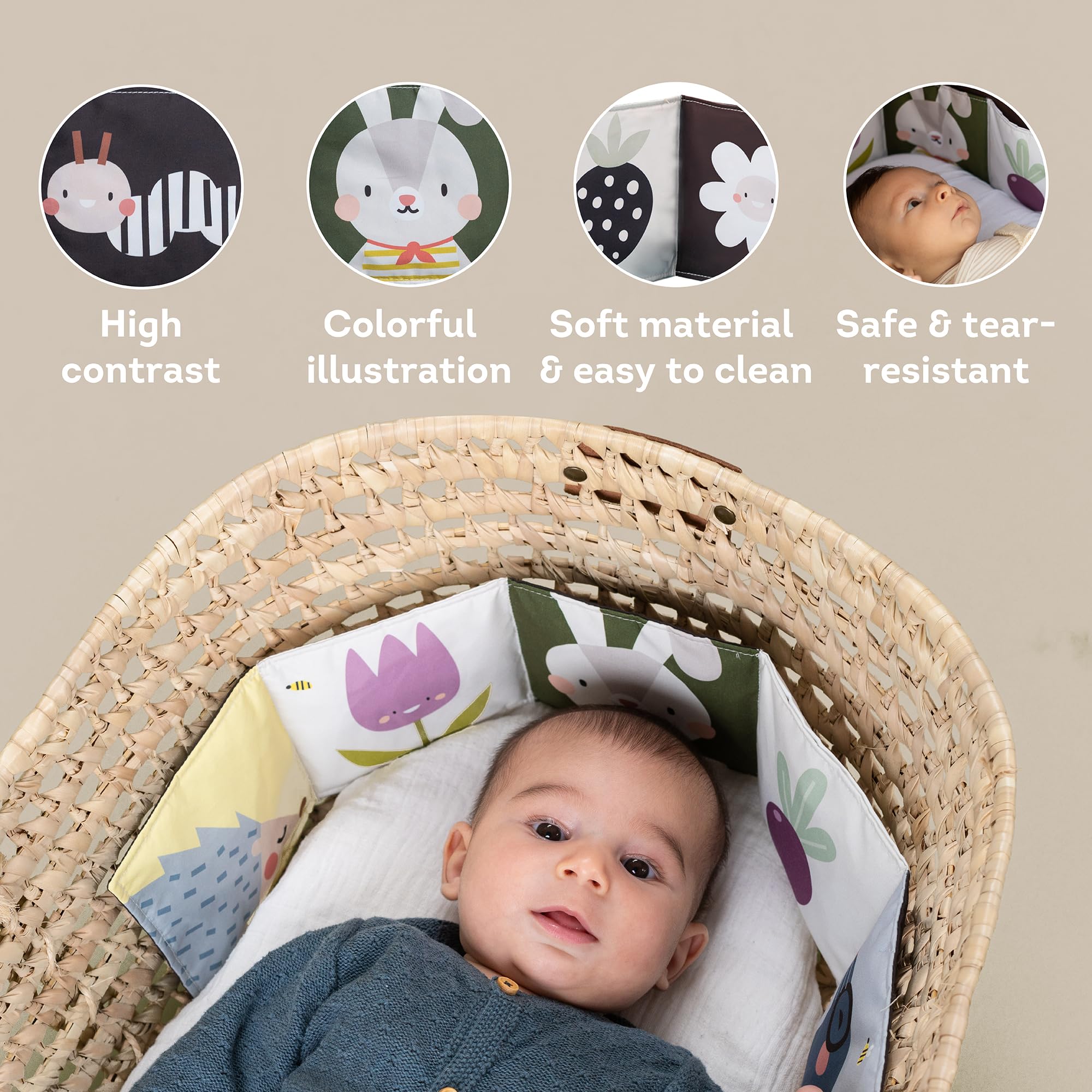 Taf Toys Black & White High Contrast Sensory Book for Babies 0-6 Months - Soft Bunny Pram Book for Newborn Visual Development, Tummy Time, Stroller & Car Seat Toys - Perfect Infant Gift for Early Learning & Sensory Play