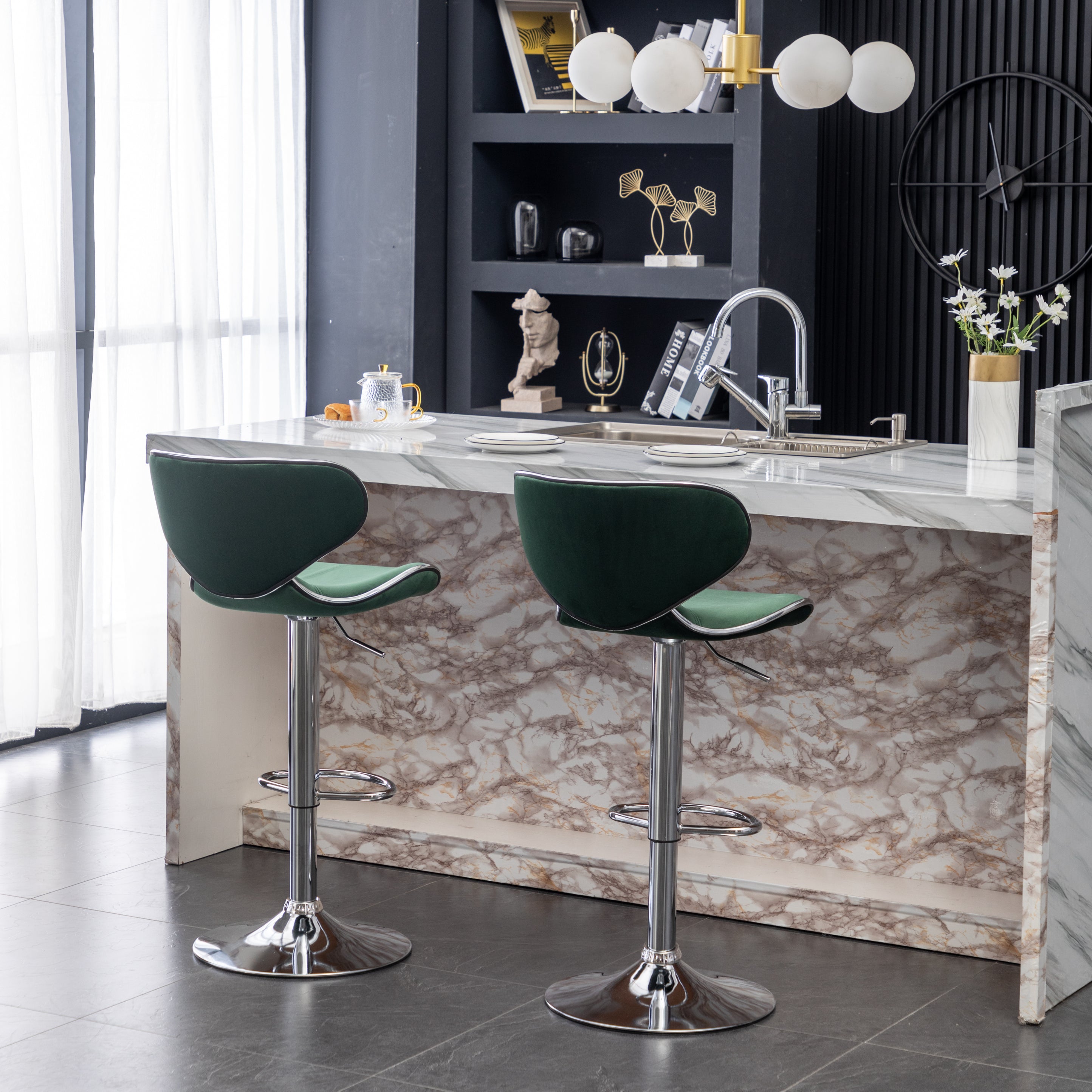 Roundhill Furniture Masaccio Velvet Adjustable Swivel Bar Stool - Set of 2, Green Upholstered Counter Height Stools for Kitchen Island, Bar & Breakfast Nook