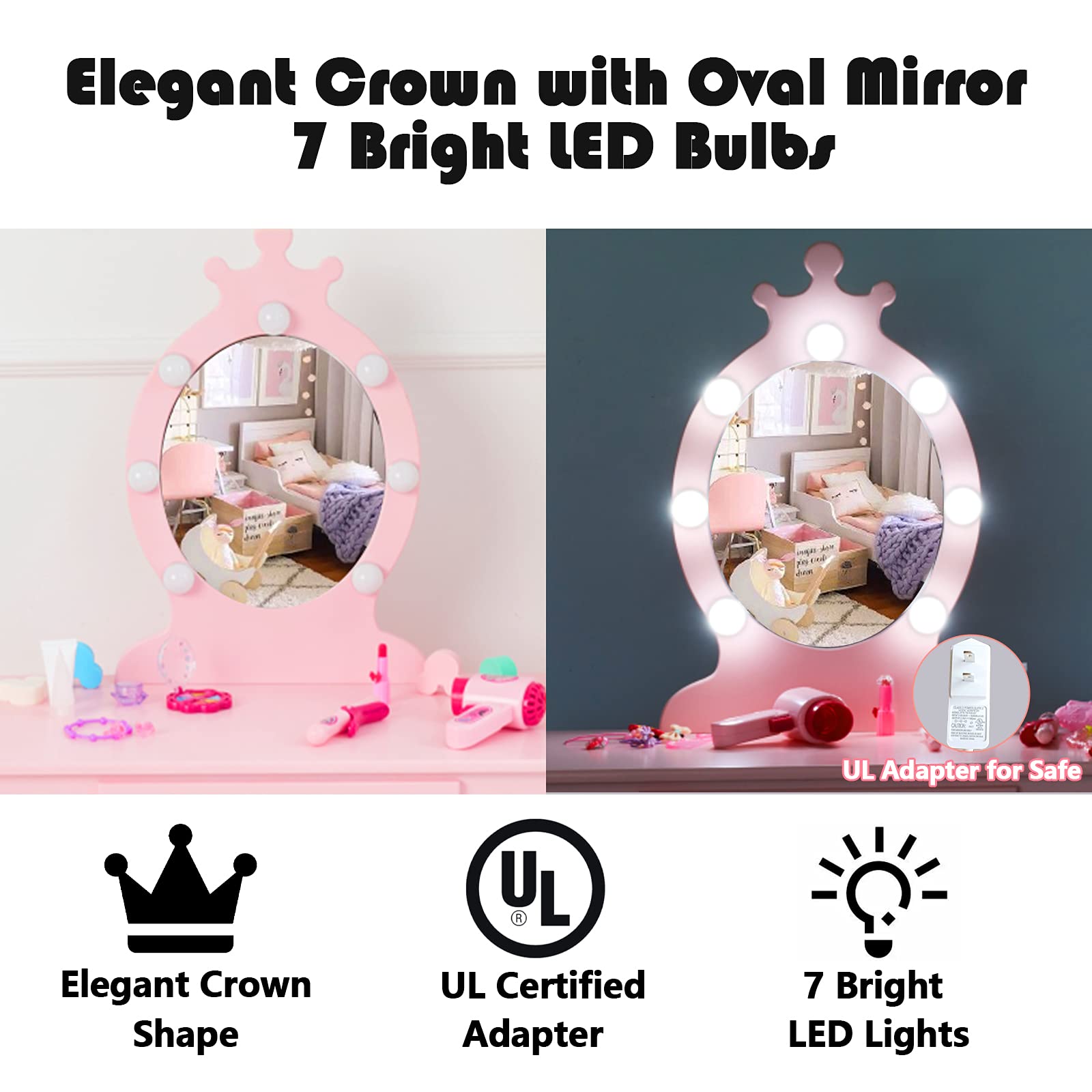 Vabches Pink Kids Vanity Table and Chair Set with Mirror, Lights & Storage Drawers - Princess Makeup Dressing Desk for Little Girls | Perfect for Bedroom Decor, Birthday Gifts & Pretend Play