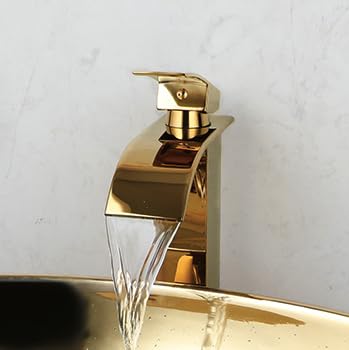 23 Inch Gold Ceramic Vessel Sink with Waterfall Faucet & Pop-Up Drain - Modern Oval Bathroom Sink Basin for Above Counter Installation - Perfect for Spa, Master Bath & Luxury Home Decor