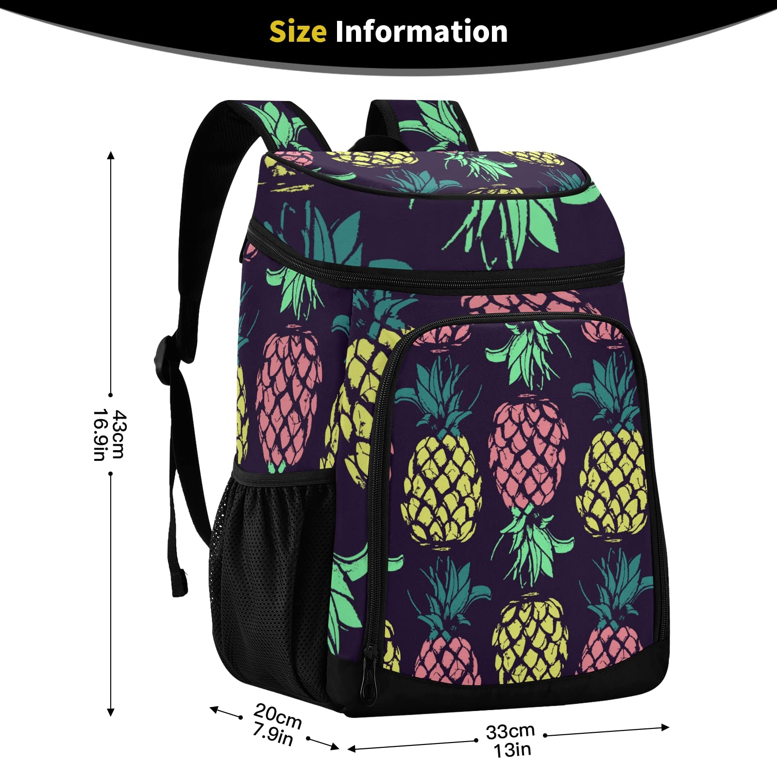 Pineapple Insulated Cooler Backpack - Leak Proof & Waterproof Beach Bag for 30 Cans - Lightweight Soft Lunch Cooler for Picnic, Hiking, Camping - Perfect for Outdoor Activities & Travel (Men & Women)