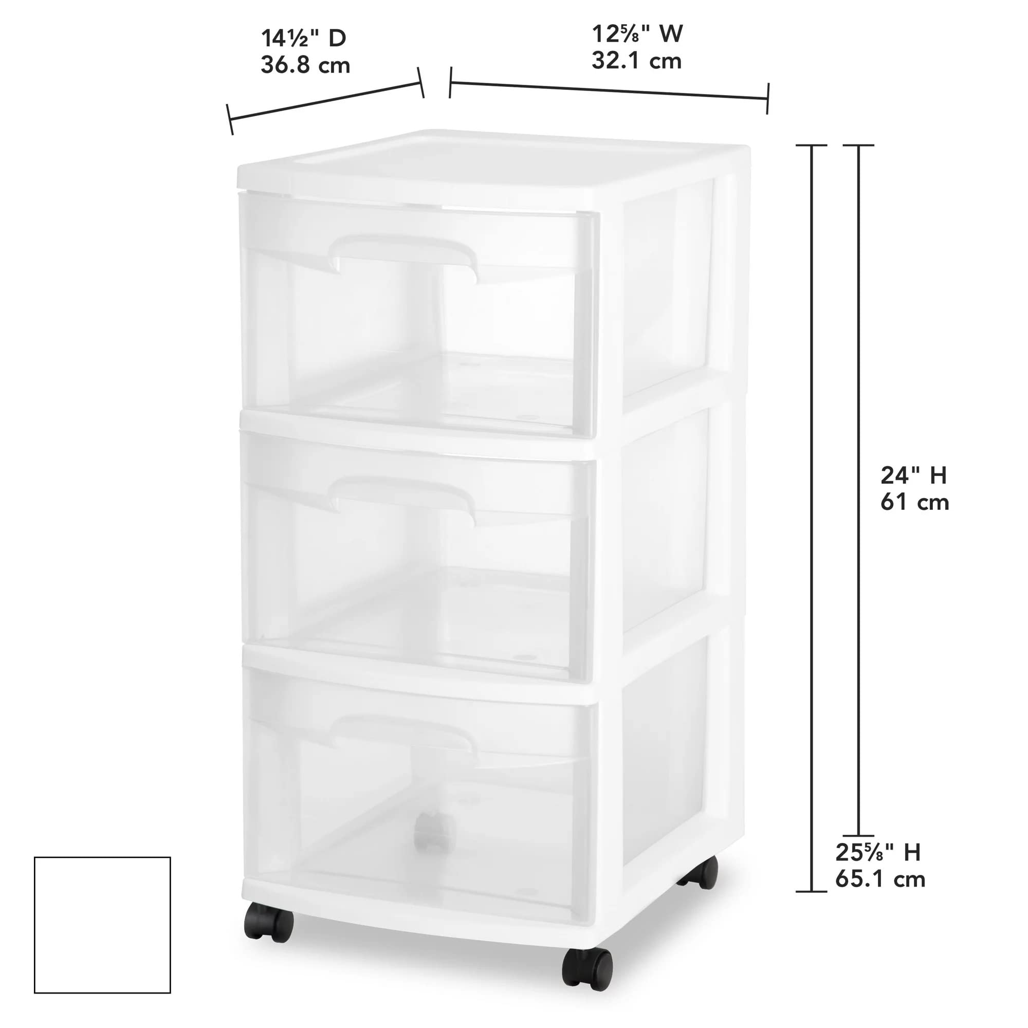 3-Tier Plastic Storage Drawer Cart with Removable Wheels - Medium Home Organization Storage Container - Clear Drawers & White Frame - Perfect for Bedroom, Bathroom, Office & Closet Organization (Set of 1, White)