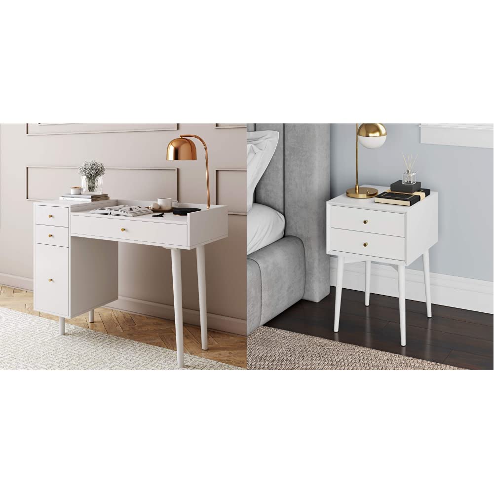 Nathan James Daisy Vanity Dressing Table with 4 Drawers & Brass Knobs | Mid-Century White Wood Makeup Desk | Harper Nightstand with 2 Drawers | Bedroom Furniture Set for Women | Perfect for Cosmetics Storage & Bedside Organization
