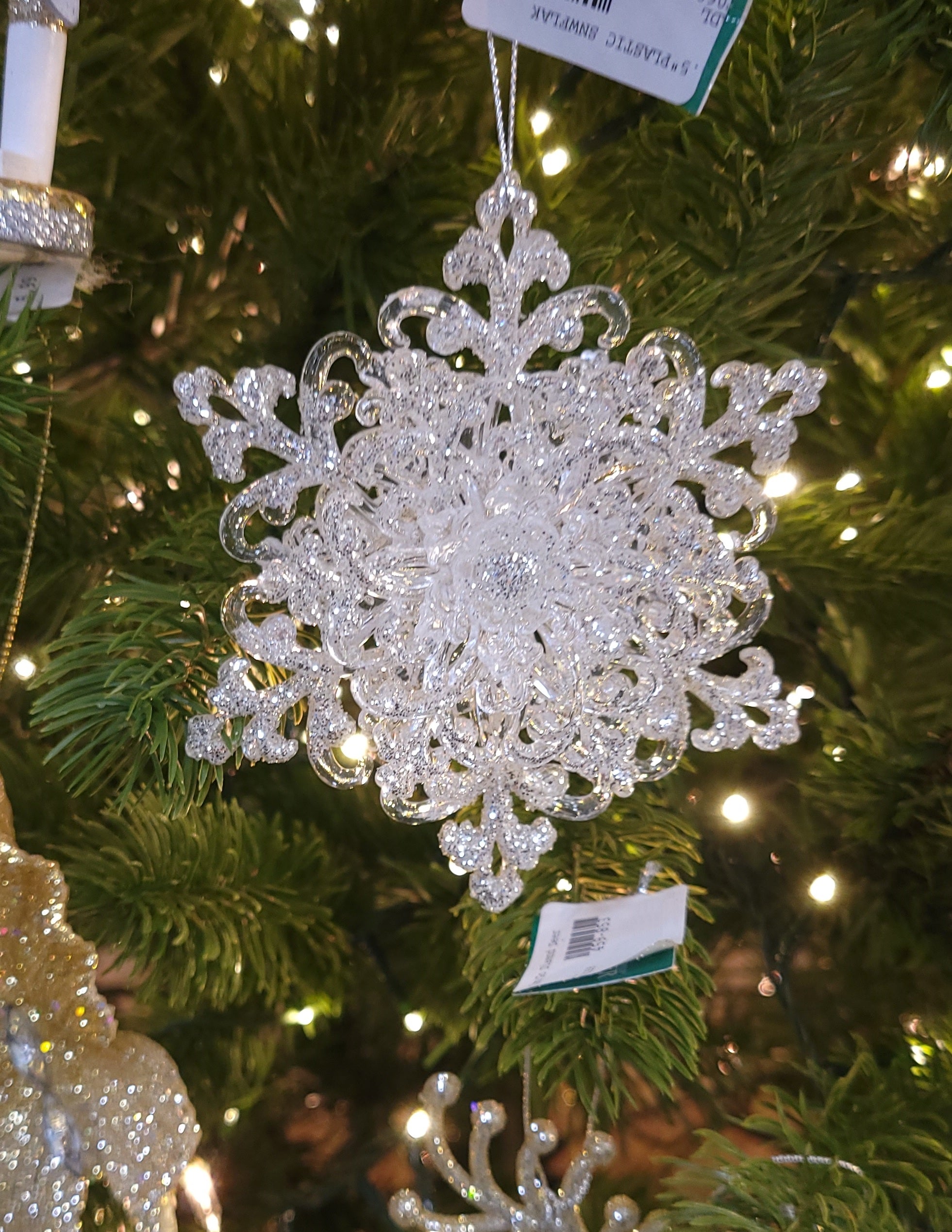 4.5 Inch Silver Glitter Plastic Snowflake Ornament - Christmas Tree Decorations, Holiday Party Decor, Winter Wedding Decorations