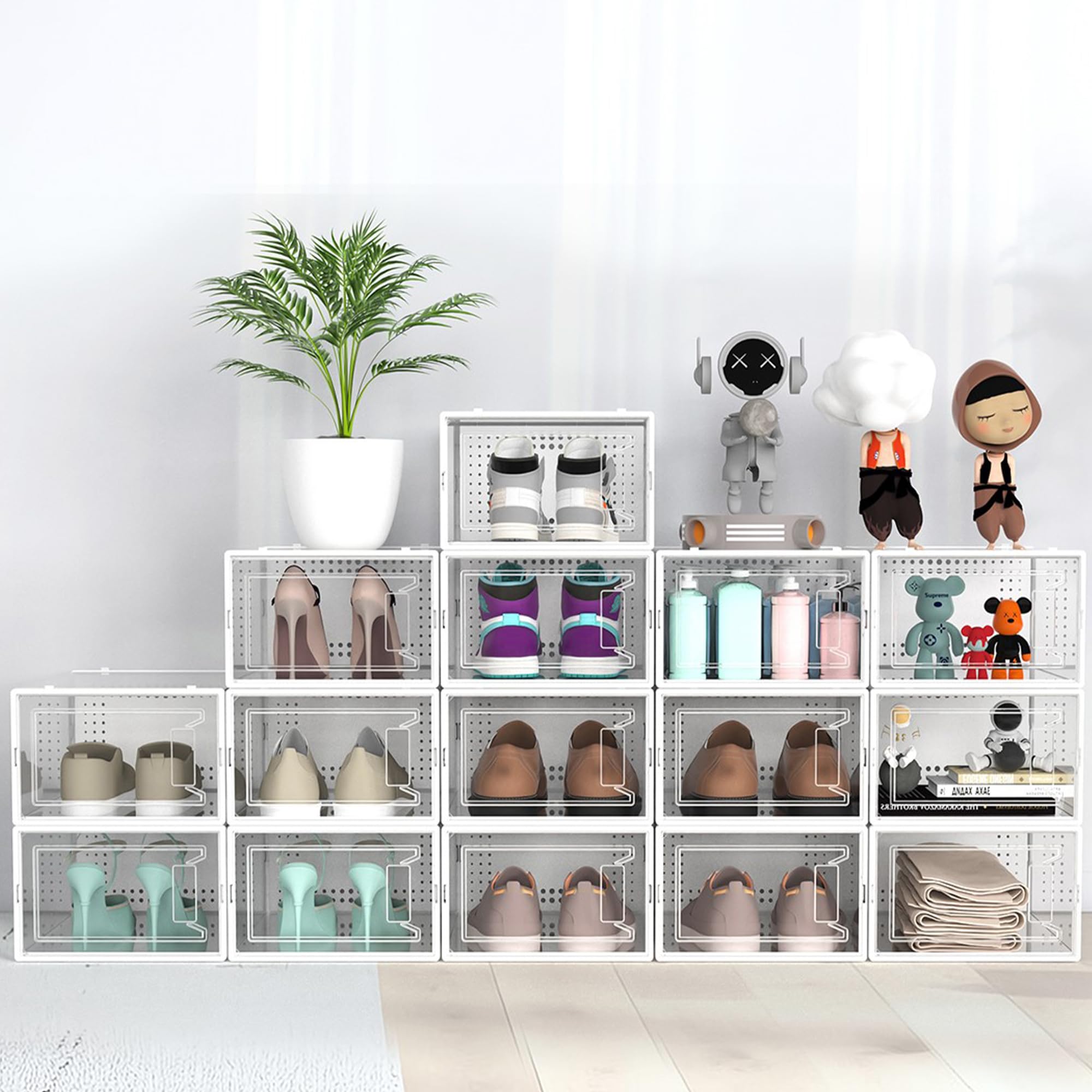 12 Pack Clear Plastic Stackable Shoe Storage Boxes with Lids - Modular Space Saving Shoe Organizer for Closet, Sneaker Display Case Bins | Perfect for Sneaker Collection, Closet Organization & Small Space Storage Solutions