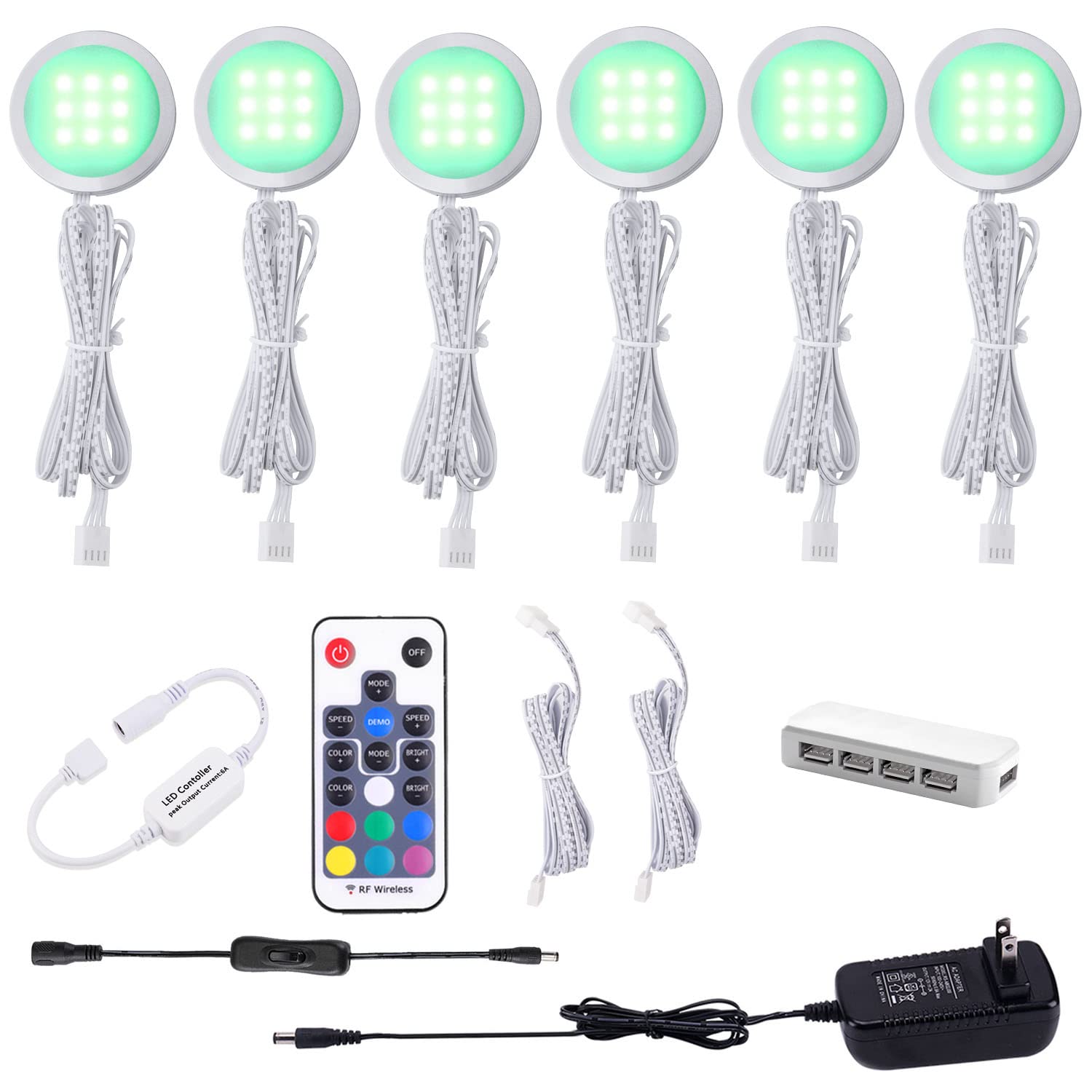 AIBOO 6-Pack RGB Color Changing LED Under Cabinet Lights Kit - Slim Aluminum Puck Lights for Kitchen Counter, Wardrobe, Furniture - Dimmable Ambient Lighting for Home Decor, Christmas, Parties & More
