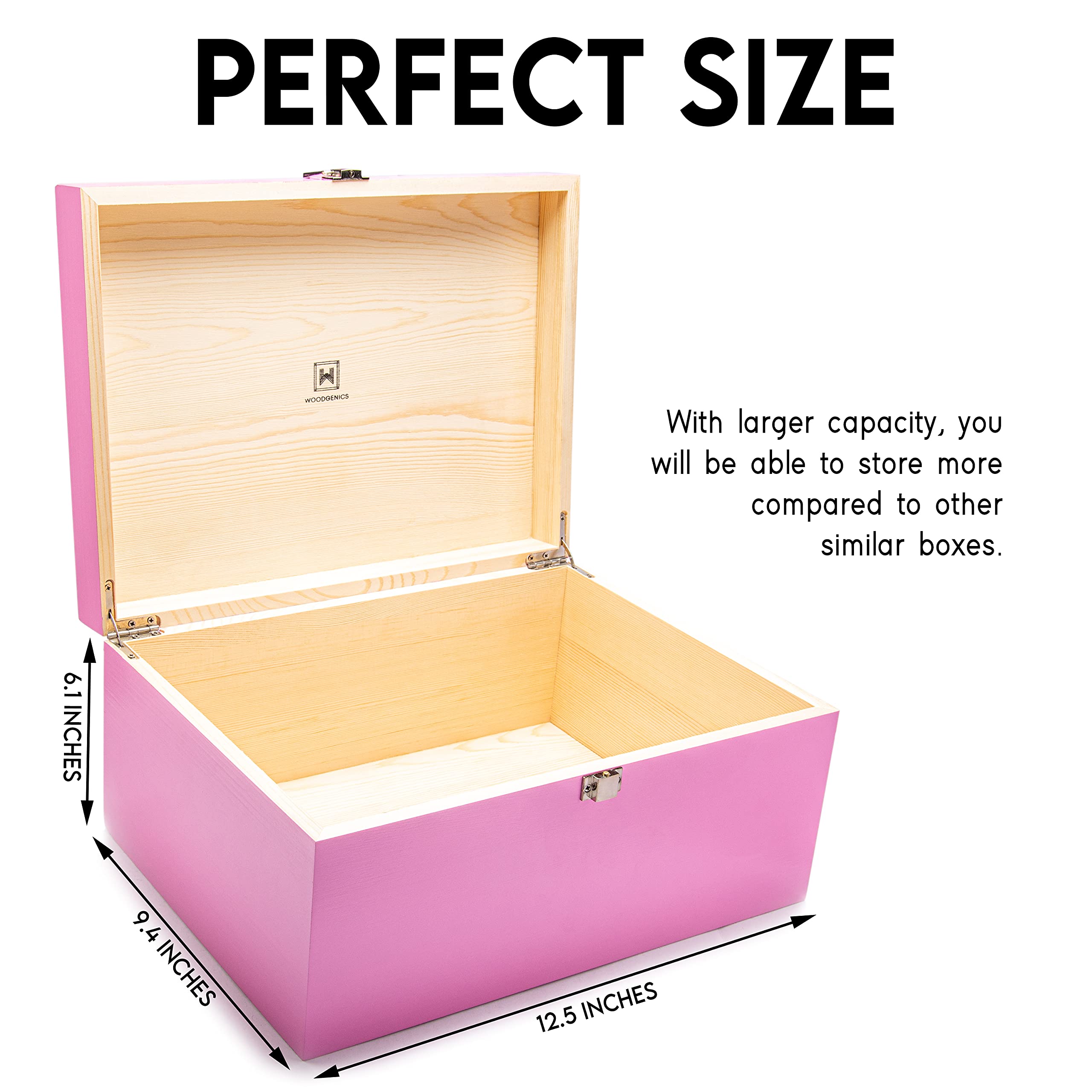 Premium Wooden Gift Box with Hinged Lid - Large Keepsake Memory Storage Box for Jewelry, Photos & Mementos - Decorative Pink Wood Box with Lid for Home Organization, Wedding Favors & DIY Crafts