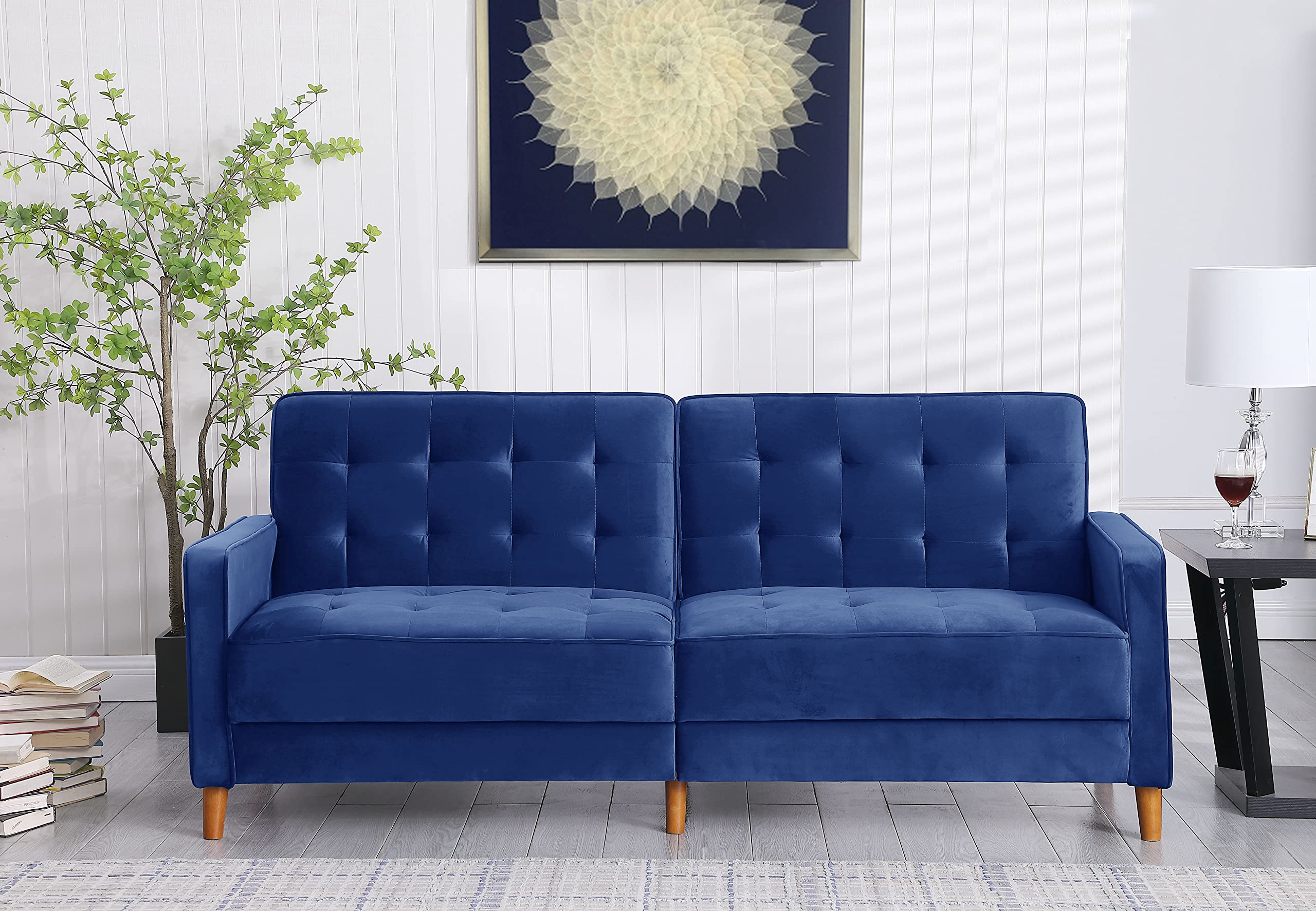 Velvet Sofa Bed - Convertible Mid Century Modern Loveseat with Reclining Function & Square Arms | Blue Upholstered Sleeper Sofa for Small Spaces | Perfect for Living Rooms, Guest Rooms & Studio Apartments