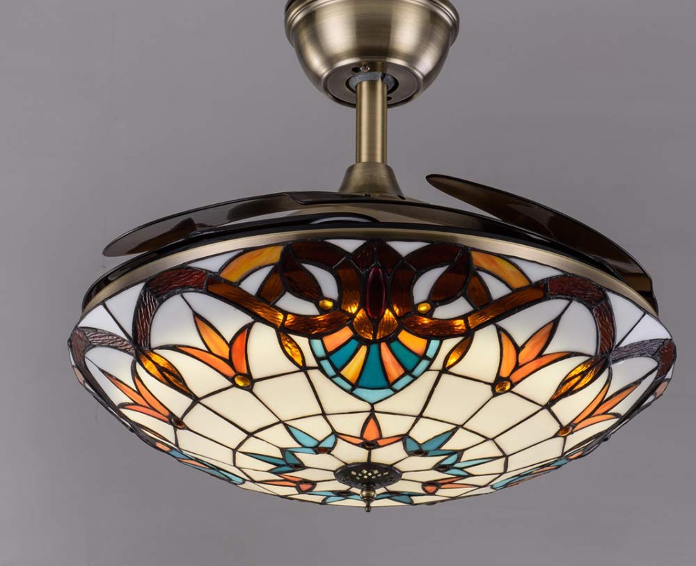 42 Inch Invisible Blade LED Ceiling Fan with Remote - Victorian Style Tiffany Chandelier Light - Semi Flush Mount for Dining Room, Restaurant & Hotel - Energy Efficient Frequency Conversion Technology - Perfect for Indoor Home and Commercial Spaces