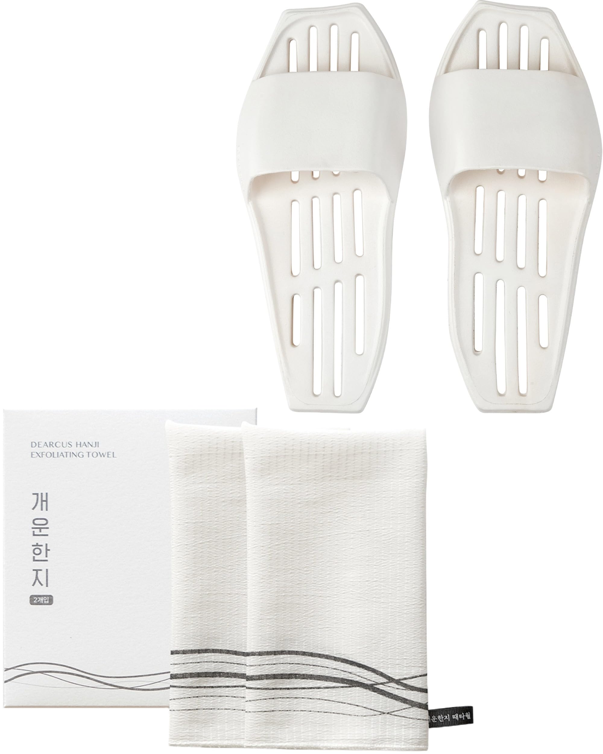DEARCUS Korean Exfoliating Washcloth Towel 2Pcs & Shower Slippers Set - Balena White (Size 9-12) | Exfoliating Bath Towel & Non-Slip Slippers for Spa, Home & Travel Use