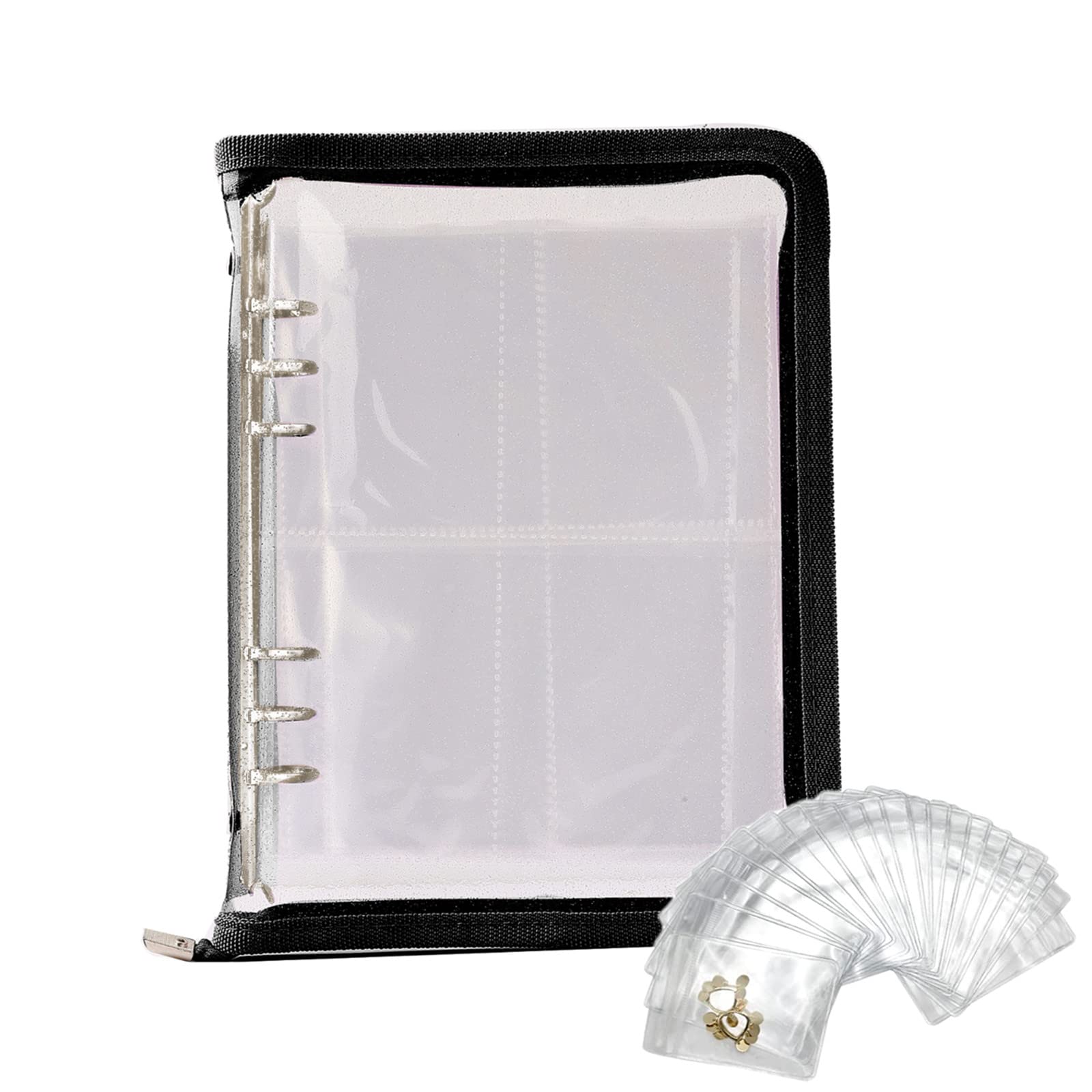 PADRIO Transparent Jewelry Organizer Book with Zipper - 40 Inner Pockets for Necklaces, Earrings, Rings & Bracelets - Travel Jewelry Case for Women - Perfect for Vacation, Business Trips & Home Storage (Black)