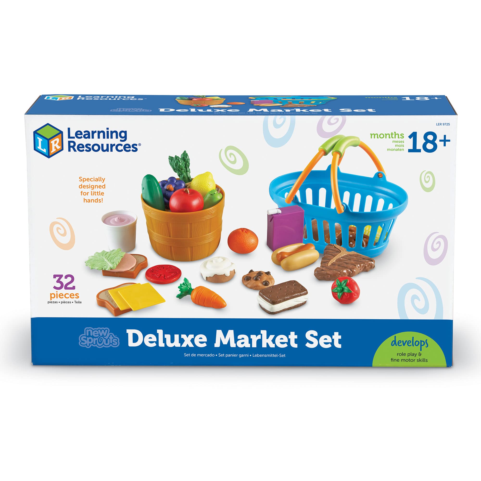 Learning Resources New Sprouts Deluxe Market Set - 32-Piece Pretend Play Food for Toddlers & Preschoolers, Educational Kitchen Play Toys for Kids Ages 18+ Months | Perfect for Role-Playing, Early Learning & Social Development