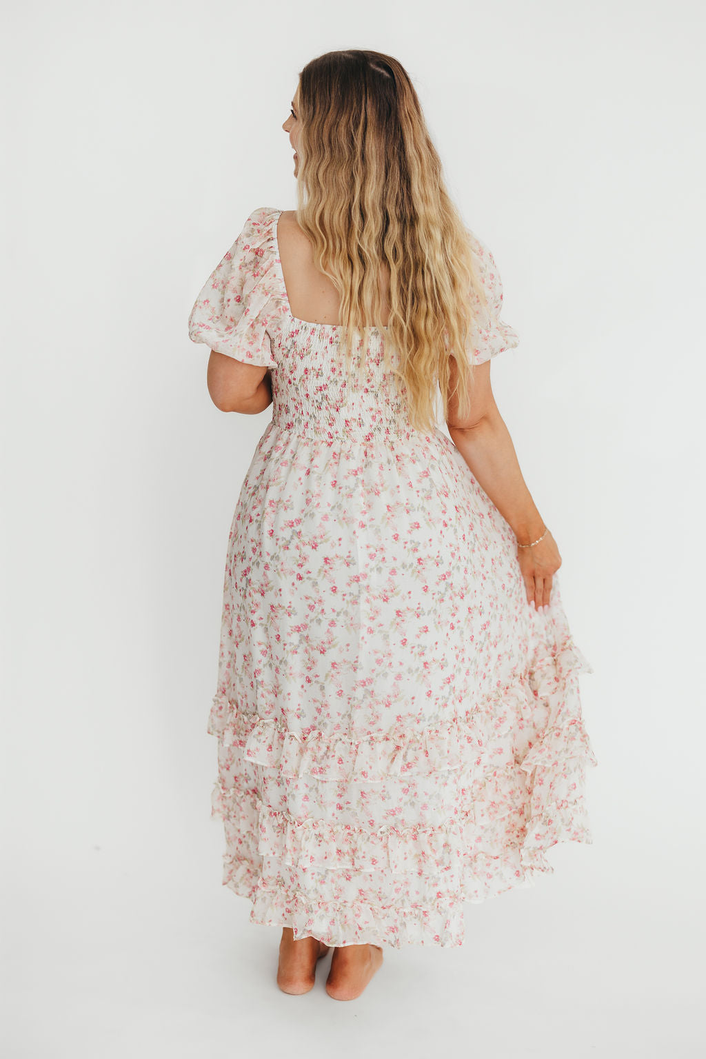 Danielle Corset Maxi Dress - White & Pink Floral Print Women's Formal Gown for Weddings, Parties & Special Occasions