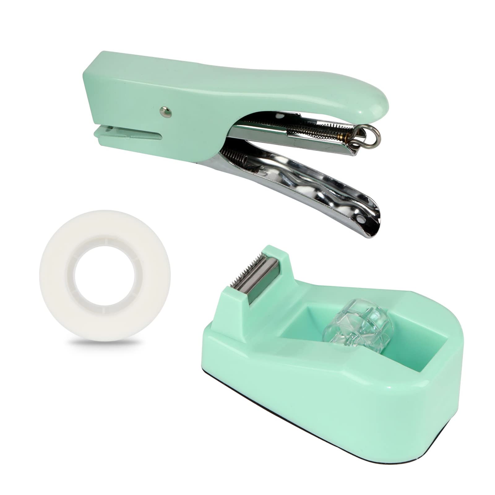 Cute Macaron Green Desk Accessory Set - Stapler, Tape Dispenser, Tape Cutter with Non-Slip Base | Office Supplies for Women | Perfect for Home Office, School & Workspace Organization