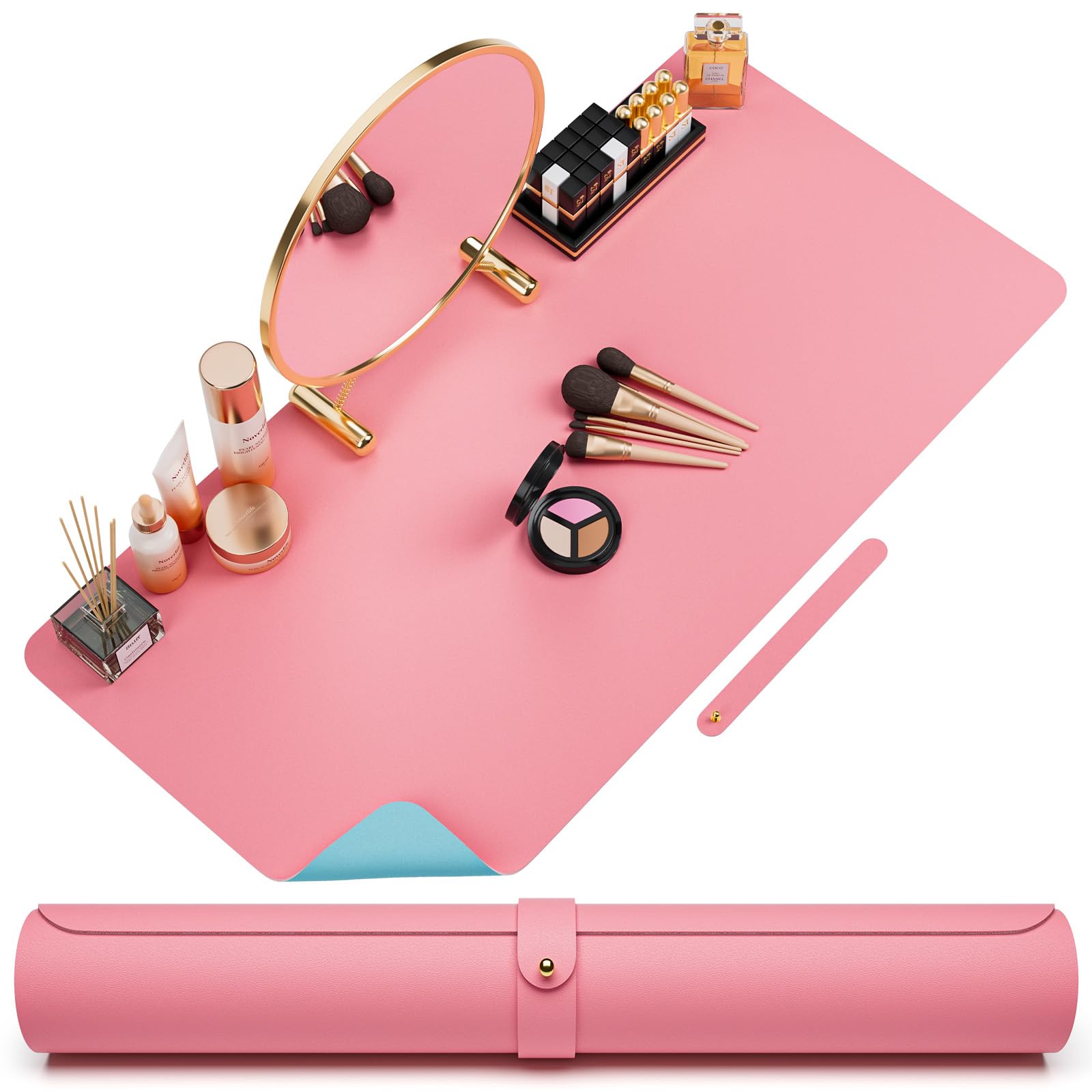 **Noverlife Large Waterproof Makeup Mat - Dual-Sided Vanity Protector & Nail Art Table Mat (31.5x15.7in) - Oilproof Leather Desk Pad for Beauty Essentials, Blue & Pink - Perfect for Dressing Tables, Salon Stations & Crafting**