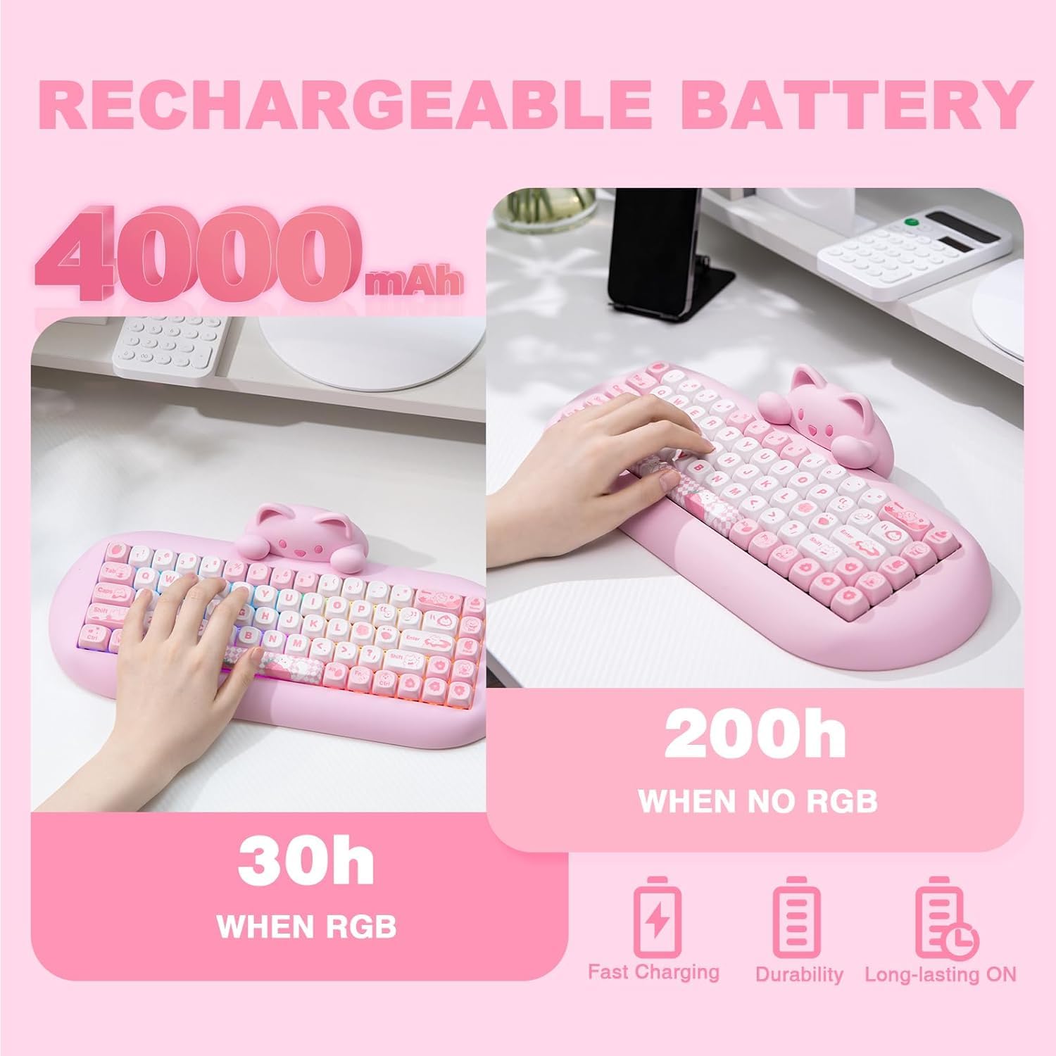 YUNZII C68 Wireless Mechanical Keyboard - 65% Compact Layout, Hot-Swappable, Triple Mode (Bluetooth 5.0/2.4G/Wired), RGB Backlit, NKRO, Ergonomic Cute Cat Silicone Design - Compatible with Windows & Mac (Pink, Milk Switch) - Perfect for Gaming, Office Work & Typing Enthusiasts