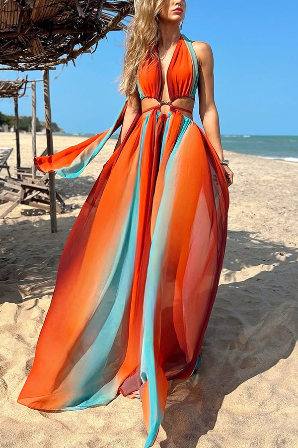 Elegant Printed Tulle Maxi Dress with Ring Hollow Design & High Slit - Perfect for Beach Vacations, Summer Parties & Evening Events
