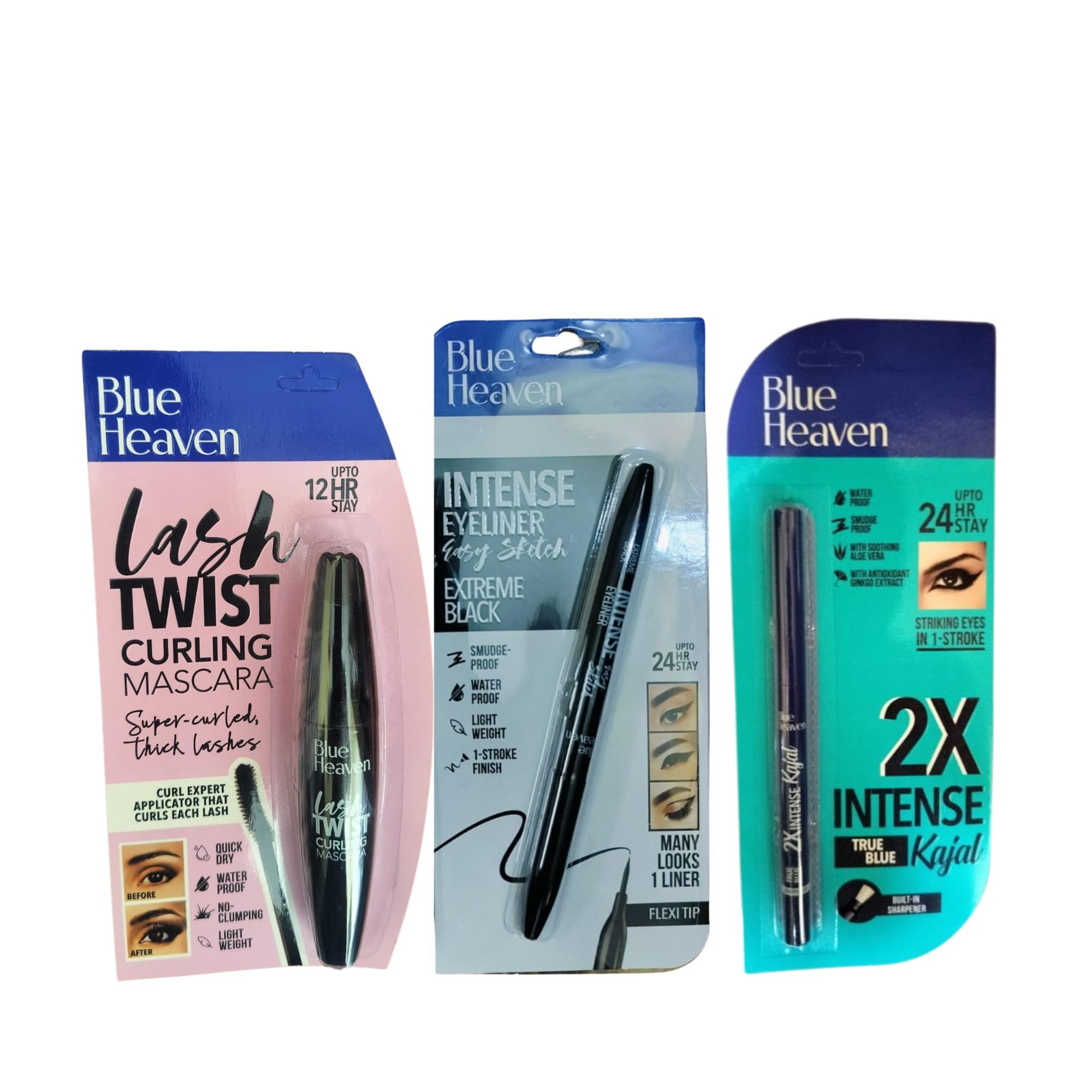 Blue Heaven 3-Piece Eye Makeup Set - Black Matte Eyeliner, Kajal Pencil & Mascara for Smokey Eyes & Everyday Wear