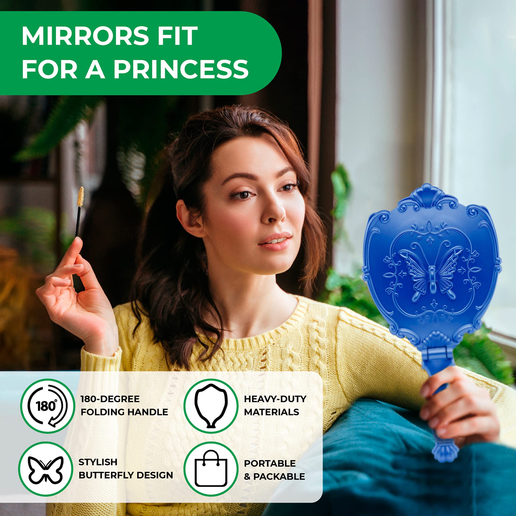 Butterfly Design Handheld Mirror with Handle - 180° Folding Portable Makeup Mirror for Travel, Lightweight & Durable - Perfect for Home, Office, and On-the-Go Touch Ups (Blue)