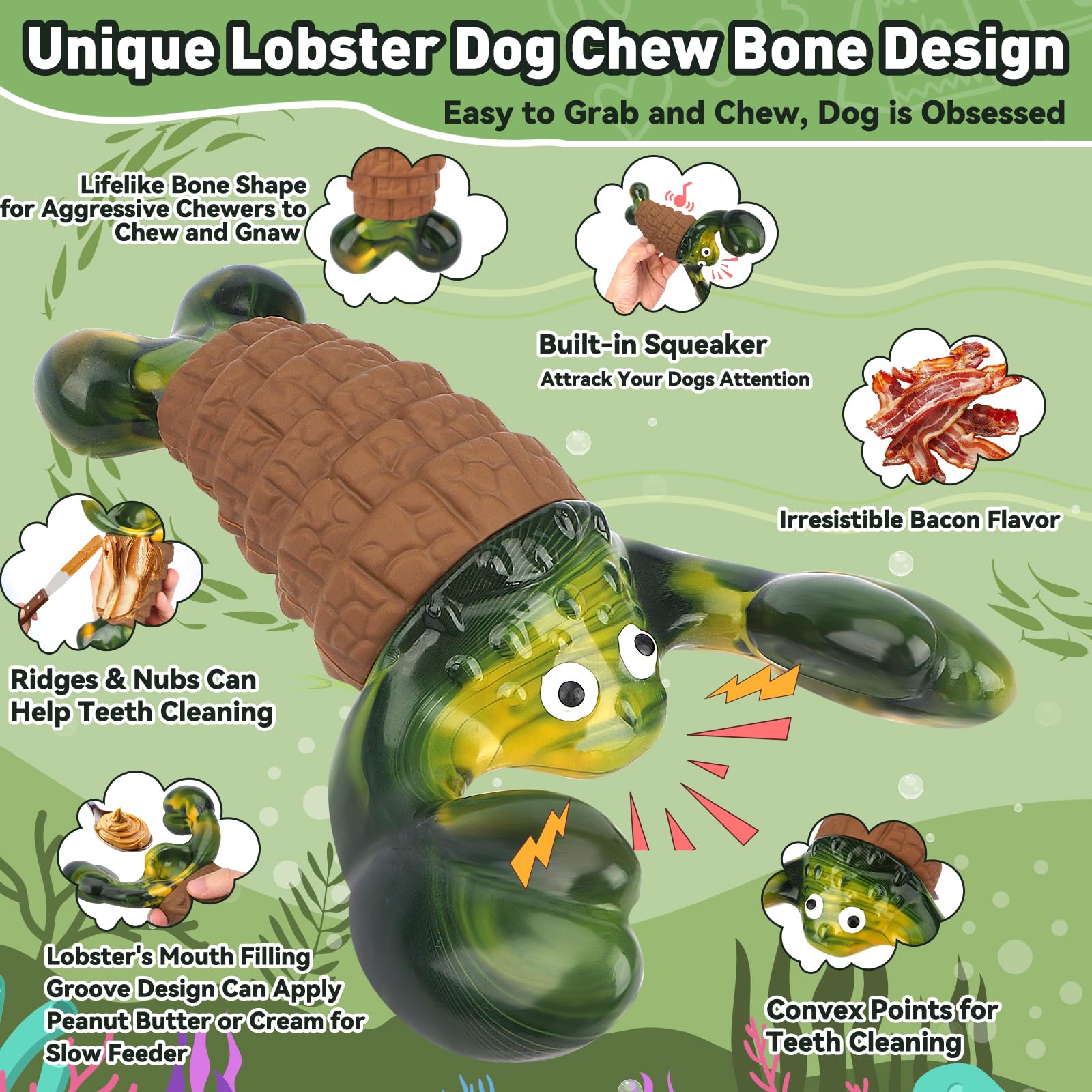Durable Squeaky Dog Toys for Aggressive Chewers - Tough Chew Toys for Medium & Large Dogs - Interactive Indestructible Dog Toys to Keep Pets Busy - Perfect for Playtime & Training (Green)
