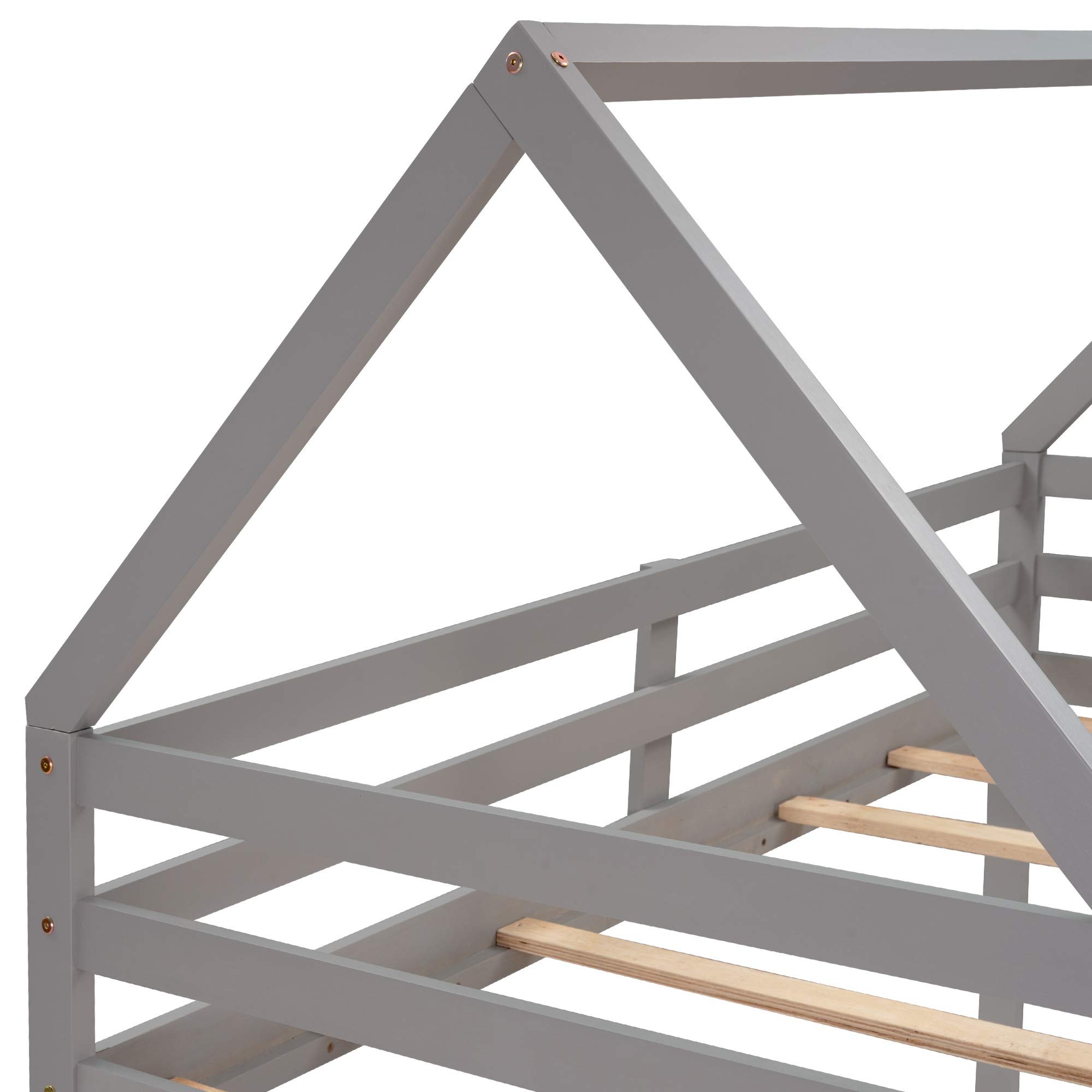 Twin Over Twin Low Bunk Bed Frame with Ladder & Guardrail - Sturdy Wood House Design for Kids & Teens - No Box Spring Needed (Gray + Pine) - Perfect for Small Bedrooms, Dorms, and Shared Kids' Rooms