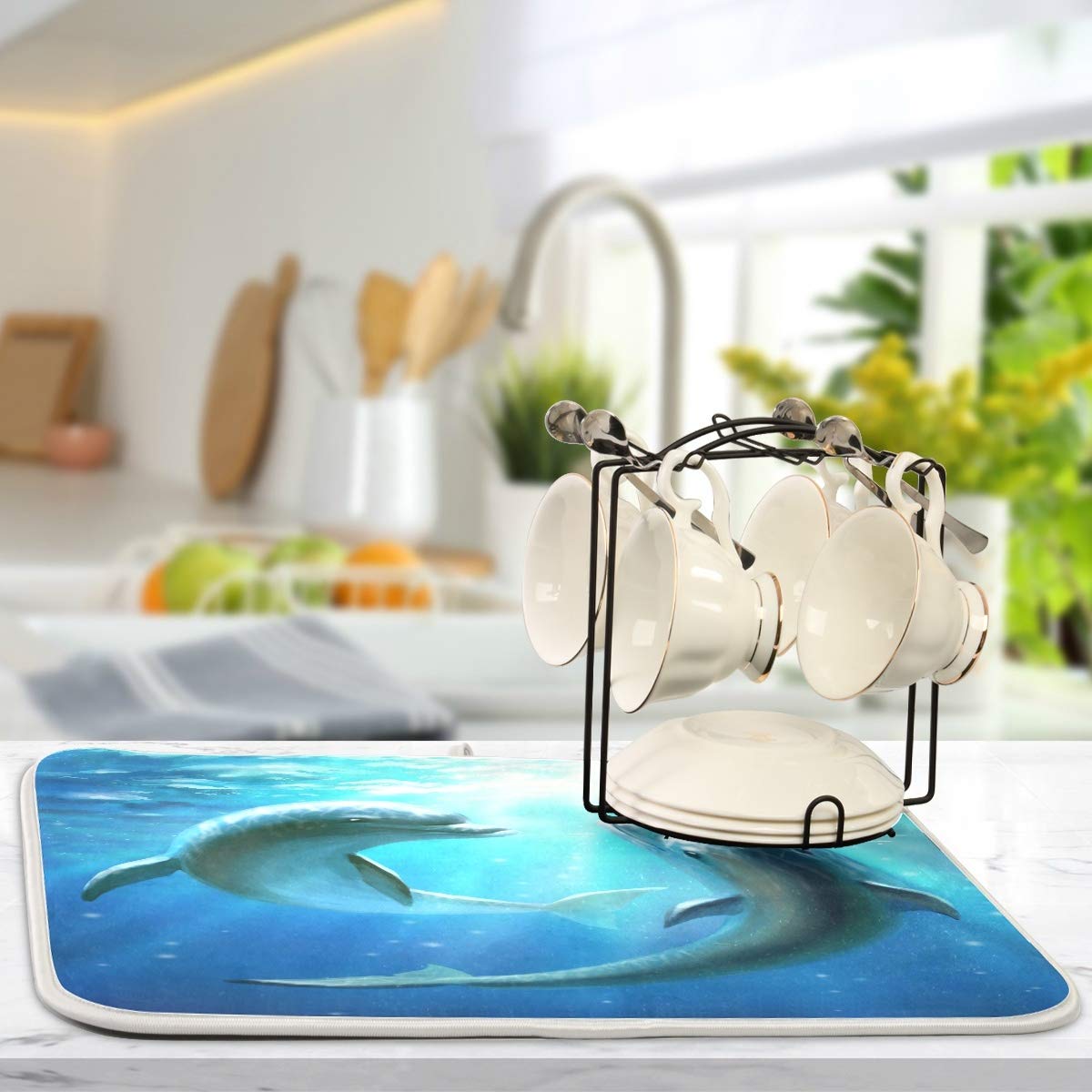 Blue Ocean Nautical Theme Dish Drying Mat 16x18 - Dolphins Underwater Design, Absorbent & Fast Dry Kitchen Accessories for Dishes, Perfect for Summer Beach House or Coastal Themed Kitchens