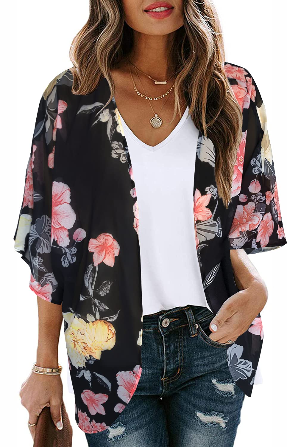 Women's Floral Print Puff Sleeve Kimono Cardigan - Lightweight Loose Cover Up Blouse for Spring/Summer - Perfect for Beach, Vacation & Casual Outfits