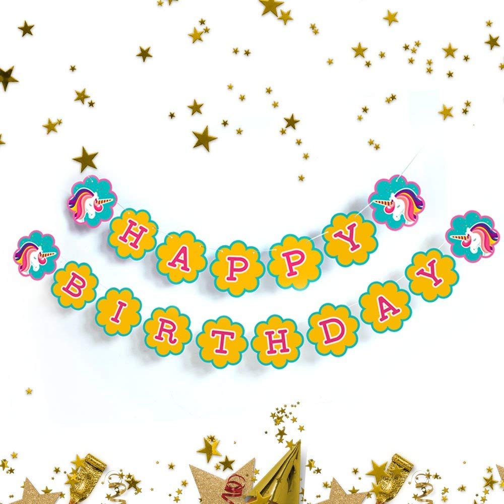 Unicorn Happy Birthday Banner - Yellow Pennant Party Sign for Unicorn Theme Birthday Decorations | Perfect for Kids' Birthday Parties, Baby Showers & Unicorn-Themed Events