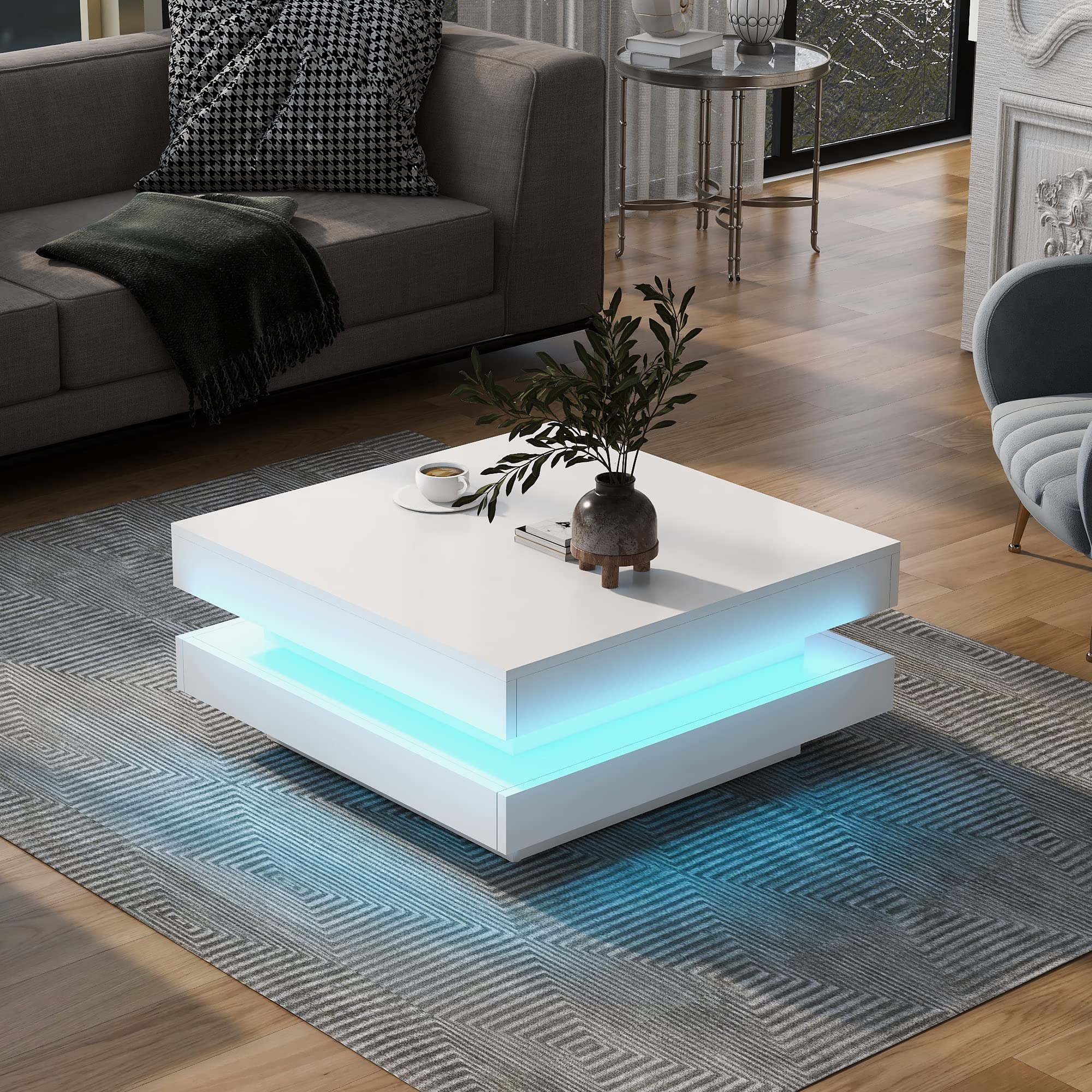 Modern 2-Tier Square Coffee Table with LED Lighting - High Glossy White LED Center Table for Living Room - Perfect for Small Spaces, Home Decor & Entertaining Guests