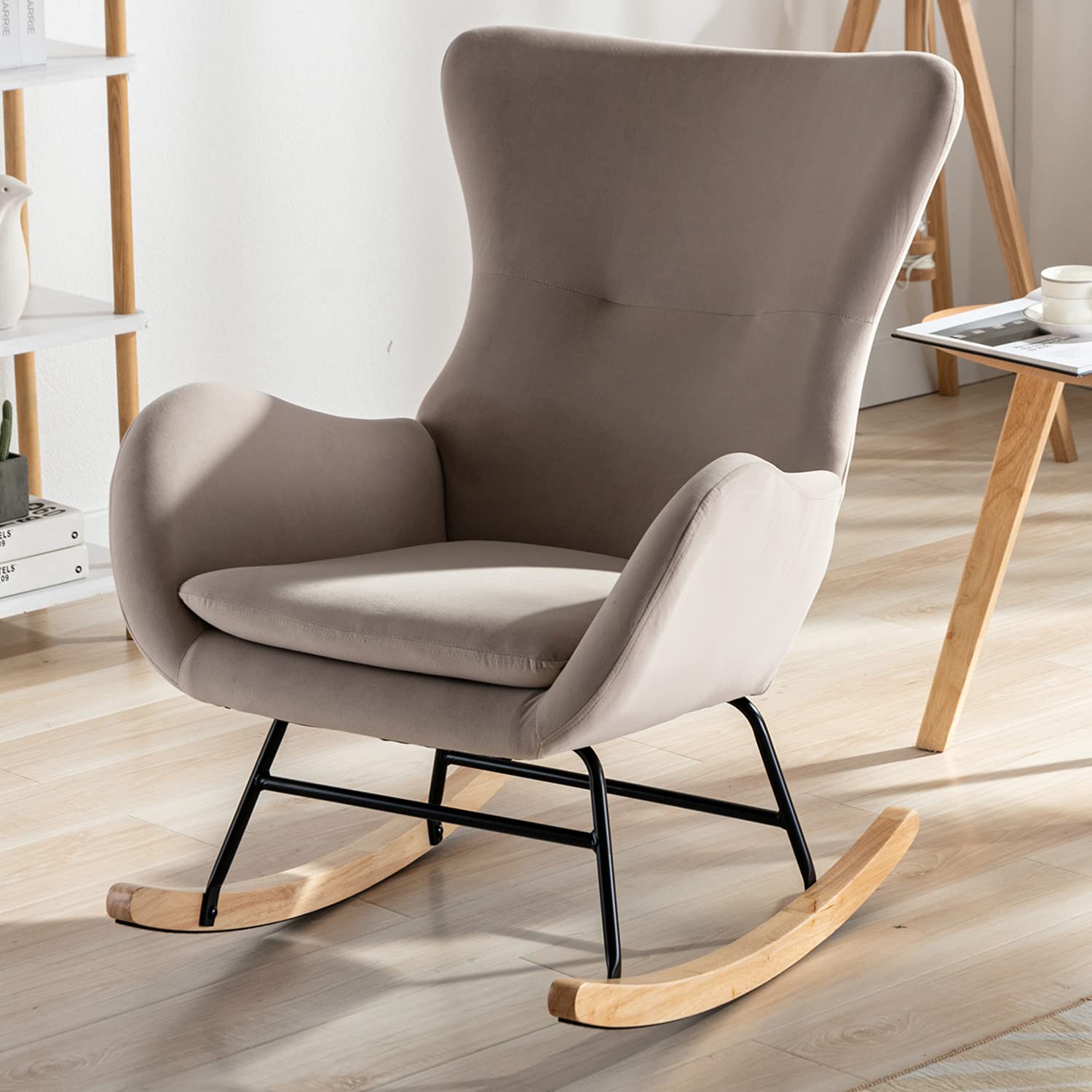 Modern Rocking Glider Chair for Nursery - High Back Support & Padded Armrests - Plush Upholstered Accent Chair for Living Room, Bedroom (Beige) | Perfect for Breastfeeding, Reading Nook & Nursery Decor