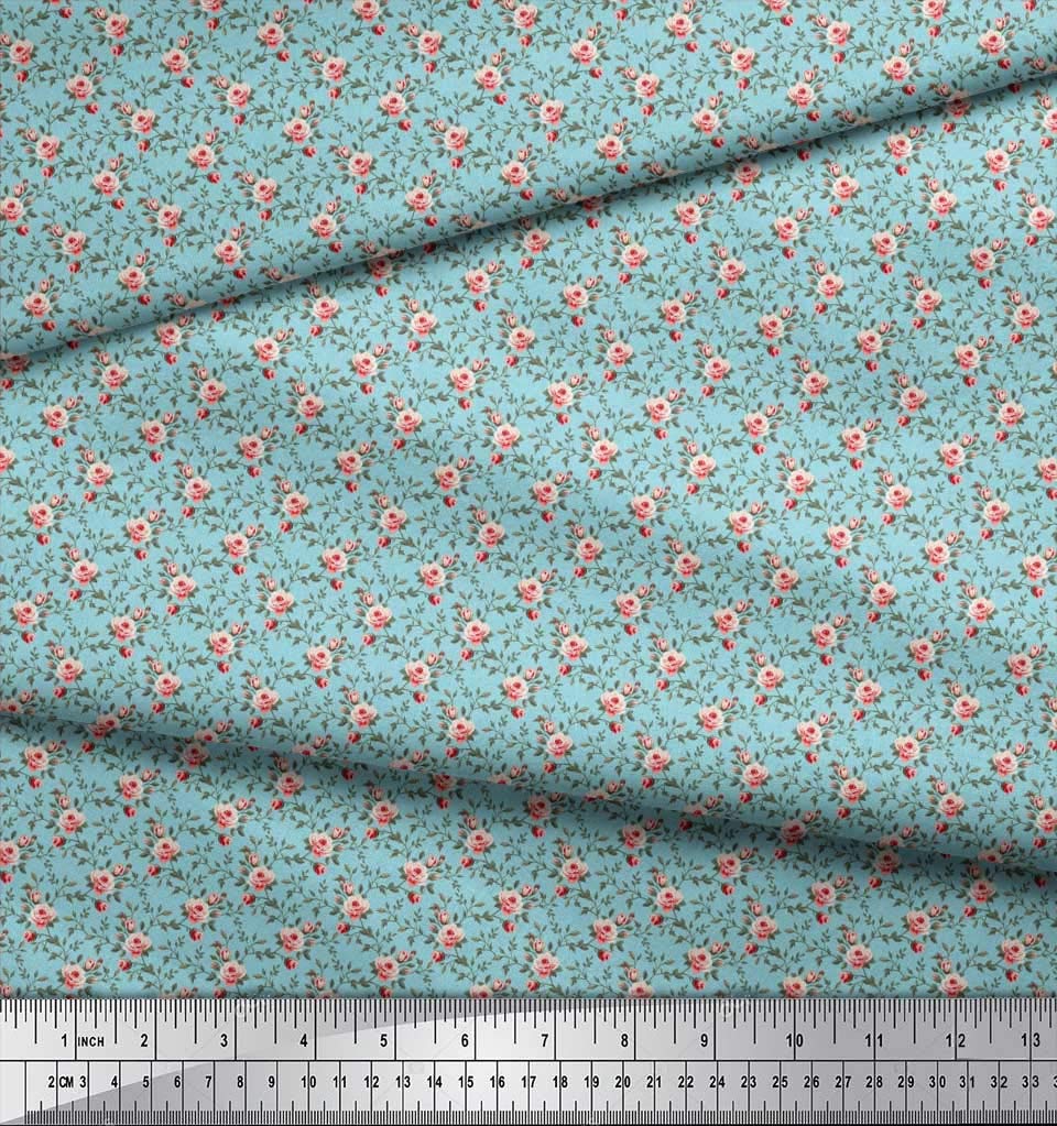 Soimoi Rayon Blue Fabric by The Yard - 42 Inch Wide - Botanical Bliss Printed Fabric with Small Leaves and Rose Patterns - Perfect for DIY Dresses, Curtains, and Home Decor Projects