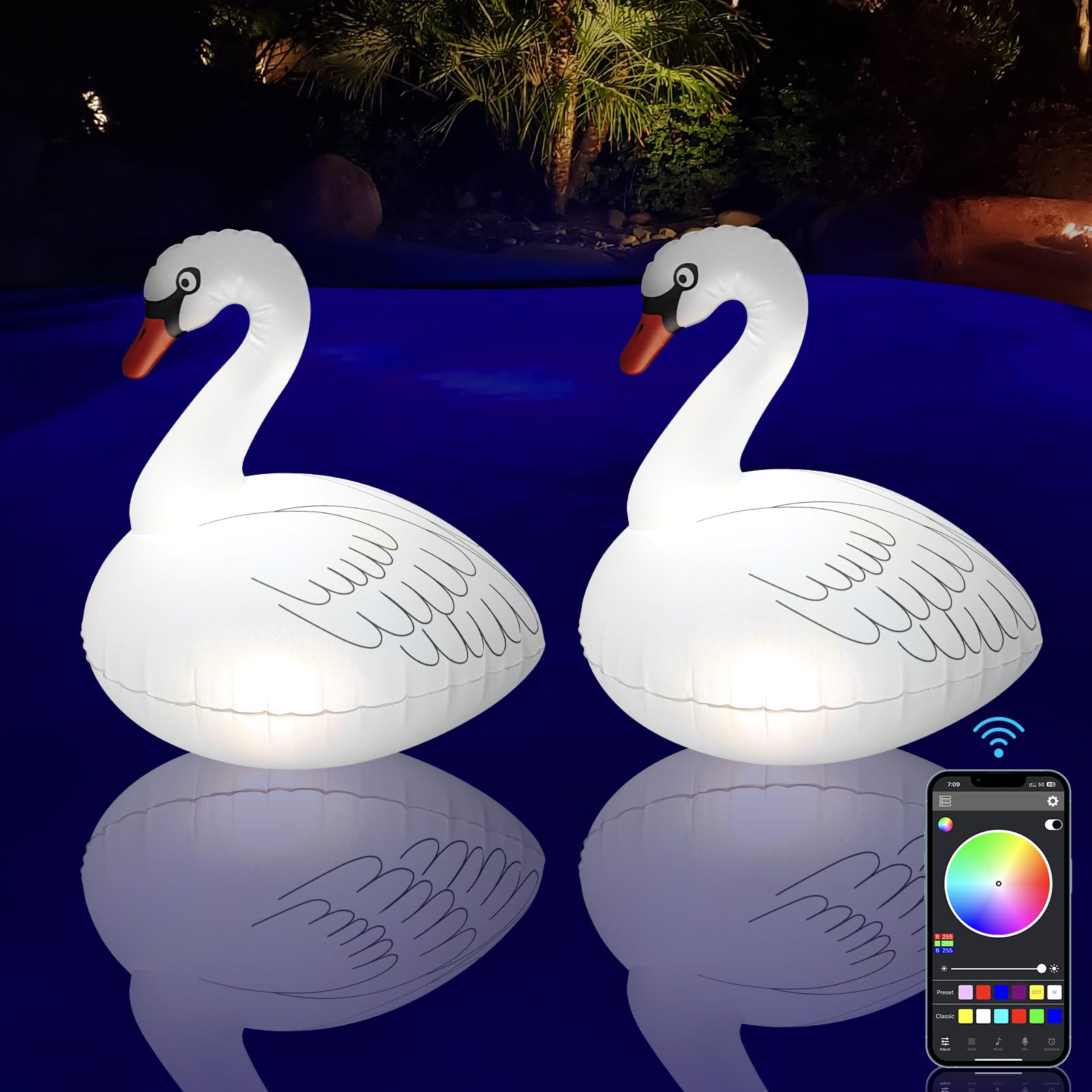 Solar-Powered Floating Swan Pool Lights with APP Control - 2PCS RGB Dimmable LED Waterproof Inflatable Lights for Pool, Yard, Wedding & Party Decor | Perfect for Nighttime Swimming & Outdoor Entertaining