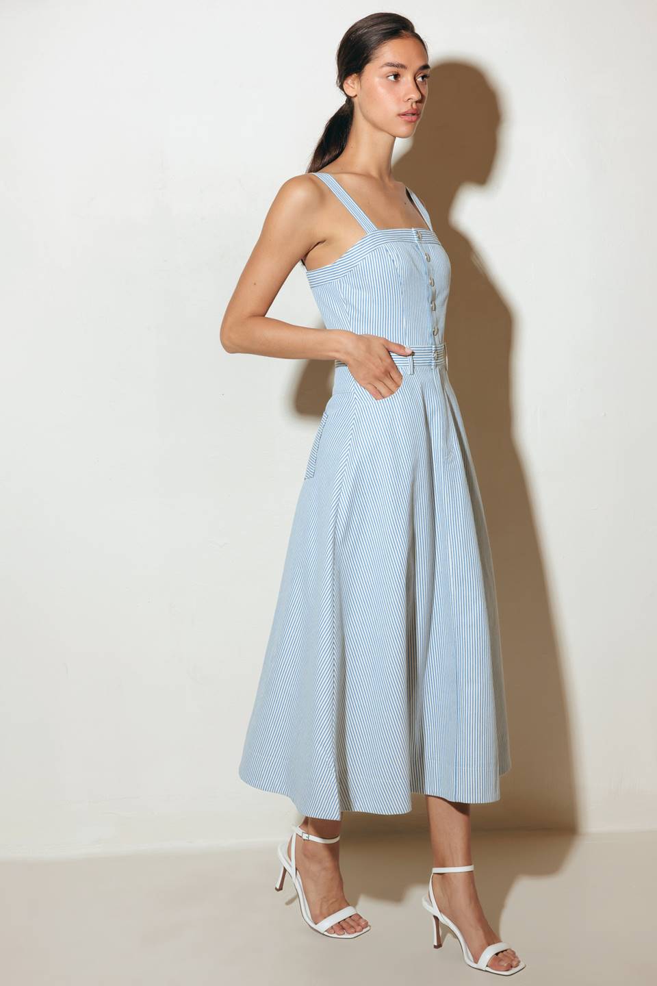 Carefree Days Blue Pinstripe Midi Dress - Perfect for Casual Outings, Office Wear & Summer Events