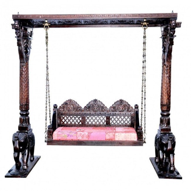 Hand Carved Elephant Design Swing Daybed 215CM - Outdoor Hanging Bed for Patio, Garden, Poolside & Backyard Relaxation