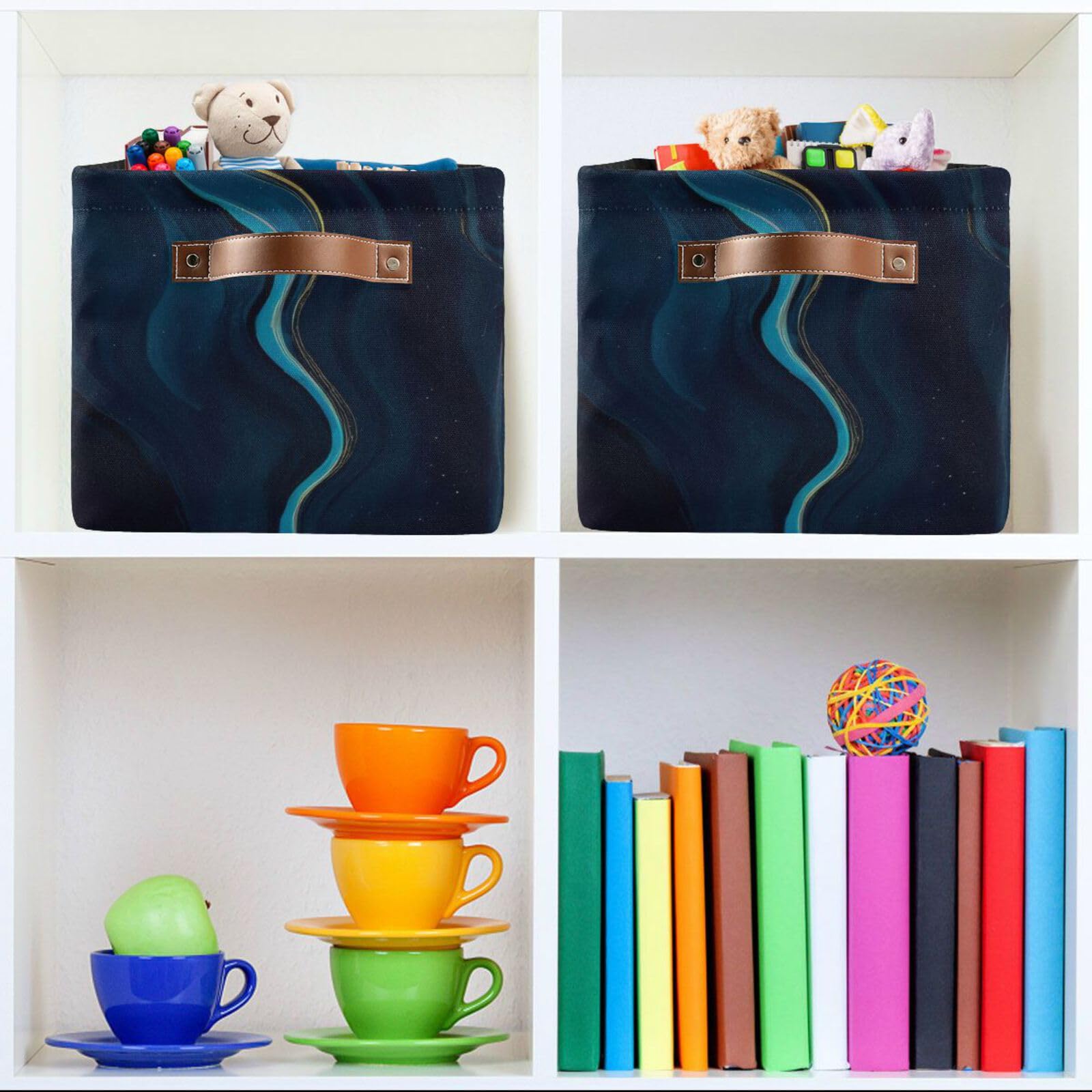 Blue Marble Storage Baskets - Collapsible Rectangular Canvas Fabric Storage Bin for Home Organization, Closet, Nursery & Office (Set of 2) - Space Saving Home Decor & Storage Solution