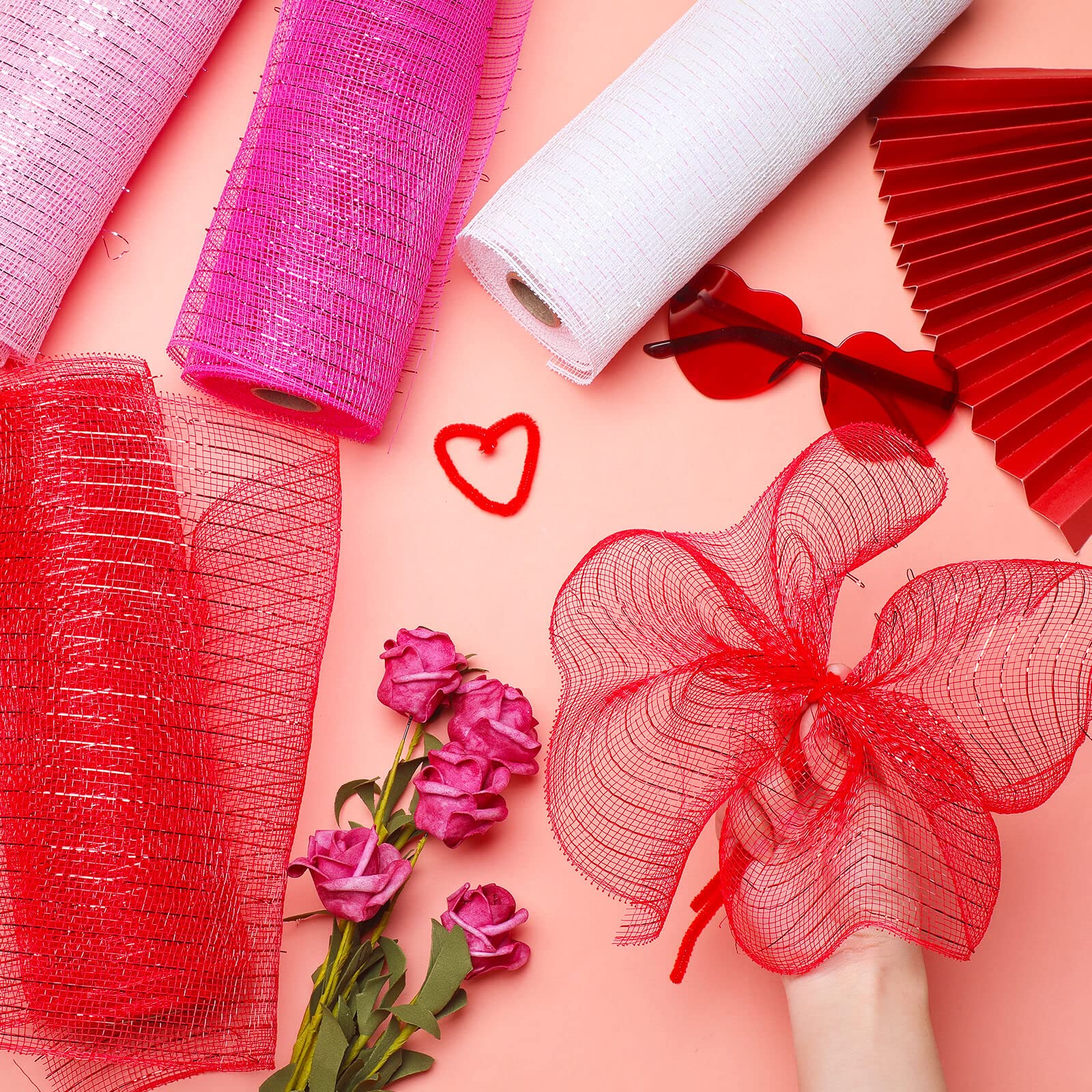 4 Rolls Valentine's Day Mesh Ribbon - 10 Inch x 30 Feet Decorative Mesh for Wreaths, Crafts & DIY - Includes 100 Chenille Stems in Red, Burgundy, Pink & White - Perfect for Valentine's Decor, Gift Wrapping & Party Supplies