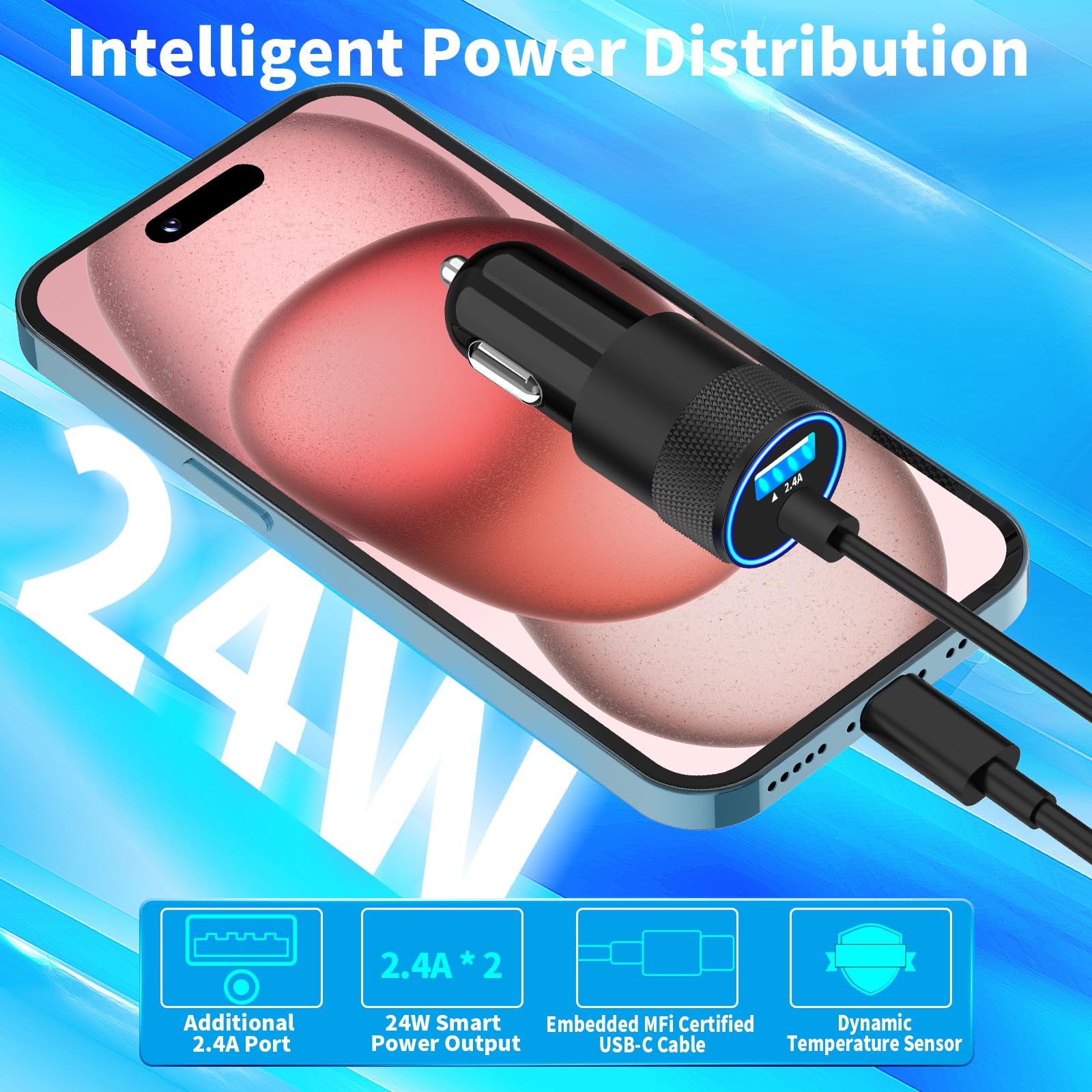 Apple MFi Certified Fast Car Charger for iPhone 15 - 4.8A Dual USB & USB-C Car Power Adapter with 6FT Type-C Cable - Compatible with iPhone 15 Pro/Pro Max, Galaxy S24/S23, Pixel, iPad Pro - Perfect for Road Trips & Daily Commuting
