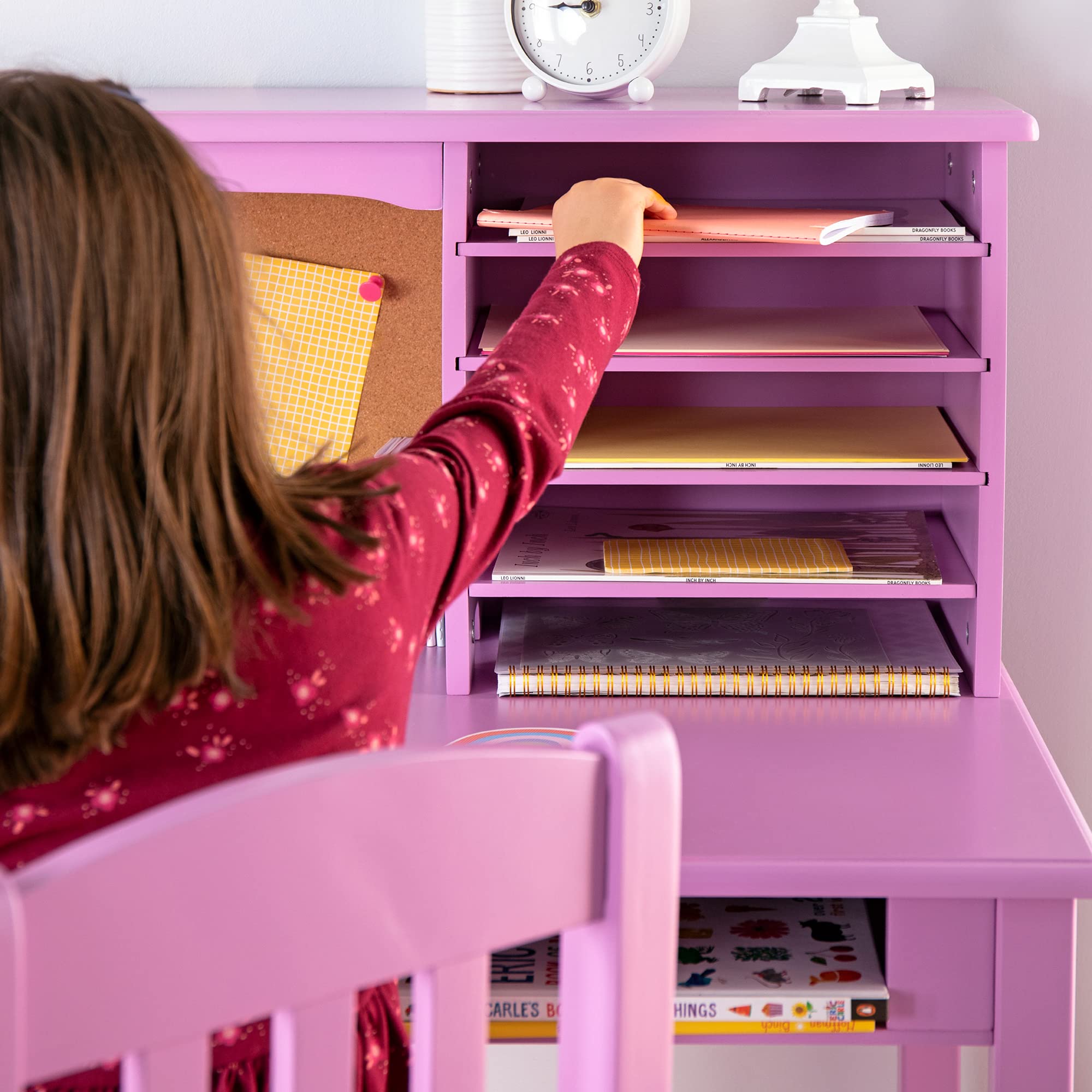 Guidecraft Kids Media Desk and Chair Set in Lavender - Wooden Study Table with Hutch & Shelves for Girls | Perfect for Homework, Online Learning & Bedroom Organization